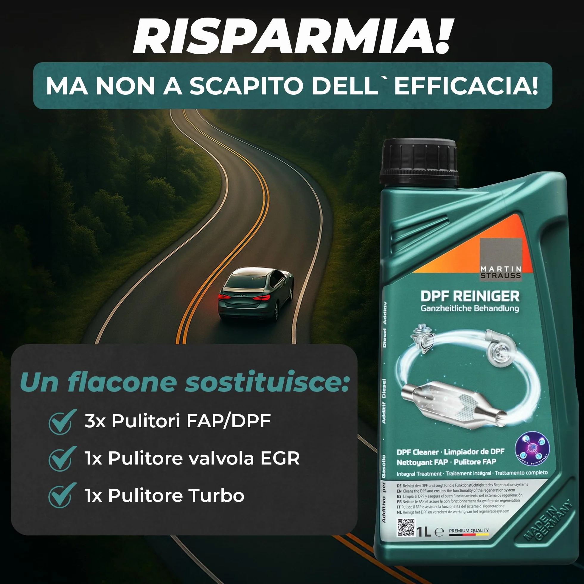 Martin Strauss Pulitore FAP - Filtro Antiparticolato Dpf, 3 Dosaggi, Trattamento Completo +EGR +Turbo, Cura Il Sistema FAP, 1 Litro, 3 Applicazioni