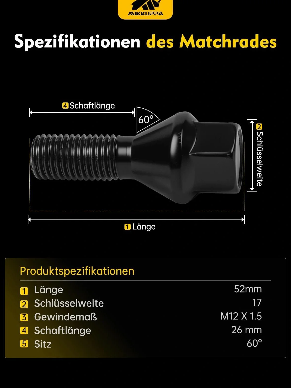 MIKKUPPA bulloni per ruote M12 x 1,5 26 mm sede conica 60° chiave 17 mm Nero