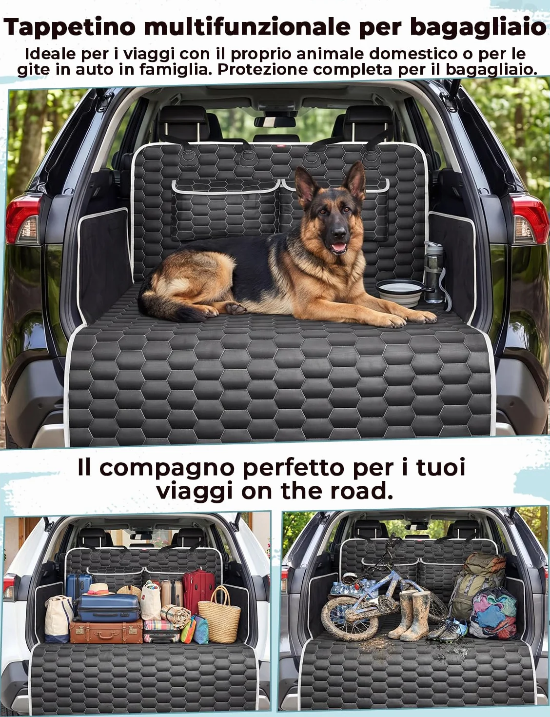 Oasser Telo Auto per Cani Bagagliaio con 2 Tasche Grandi,Impermeabile,Antiscivolo,Antipolvere,185 x 103 cm con Protezione Laterale e Paraurti,Lavabile in lavatrice,Universale per Auto e SUV Nero