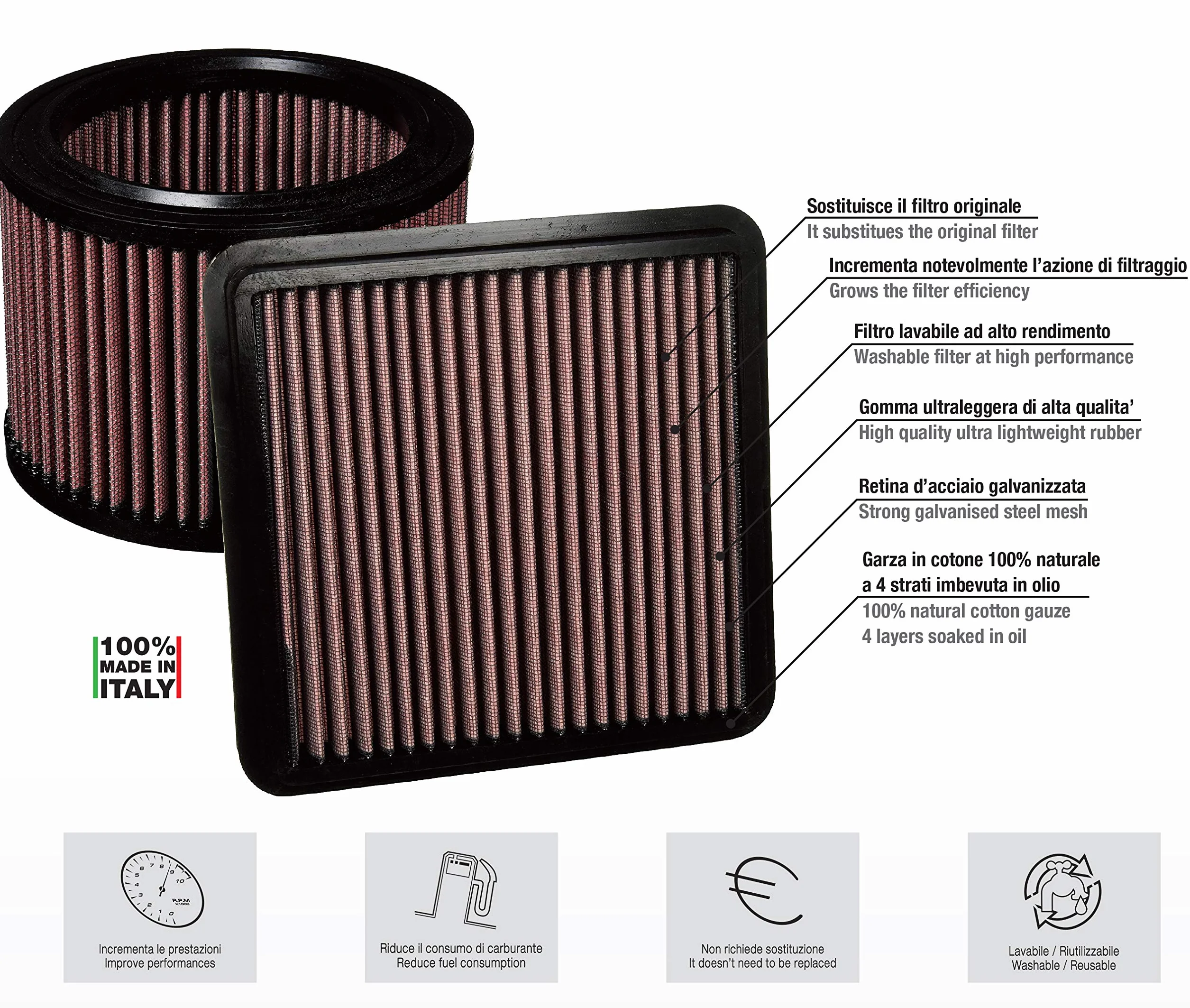 Simoni Racing FSR/UA Filtro Aria Biconico Elicoidale Universale, Cotone Rosso