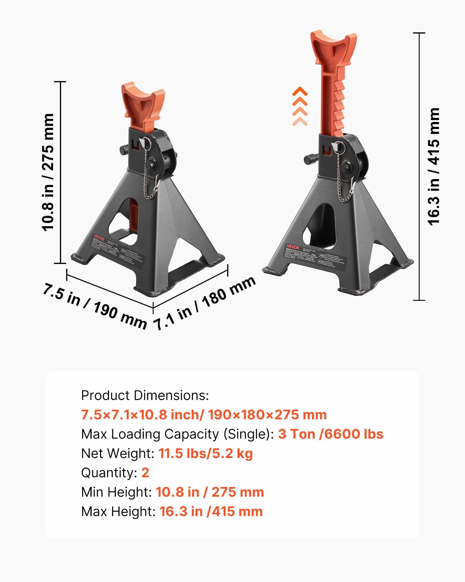 VEVOR Cavalletti di Sollevamento 3 Tonnellate, Altezza Regolabile 275-415 mm, Acciaio Doppio Bloccaggio per Auto SUV