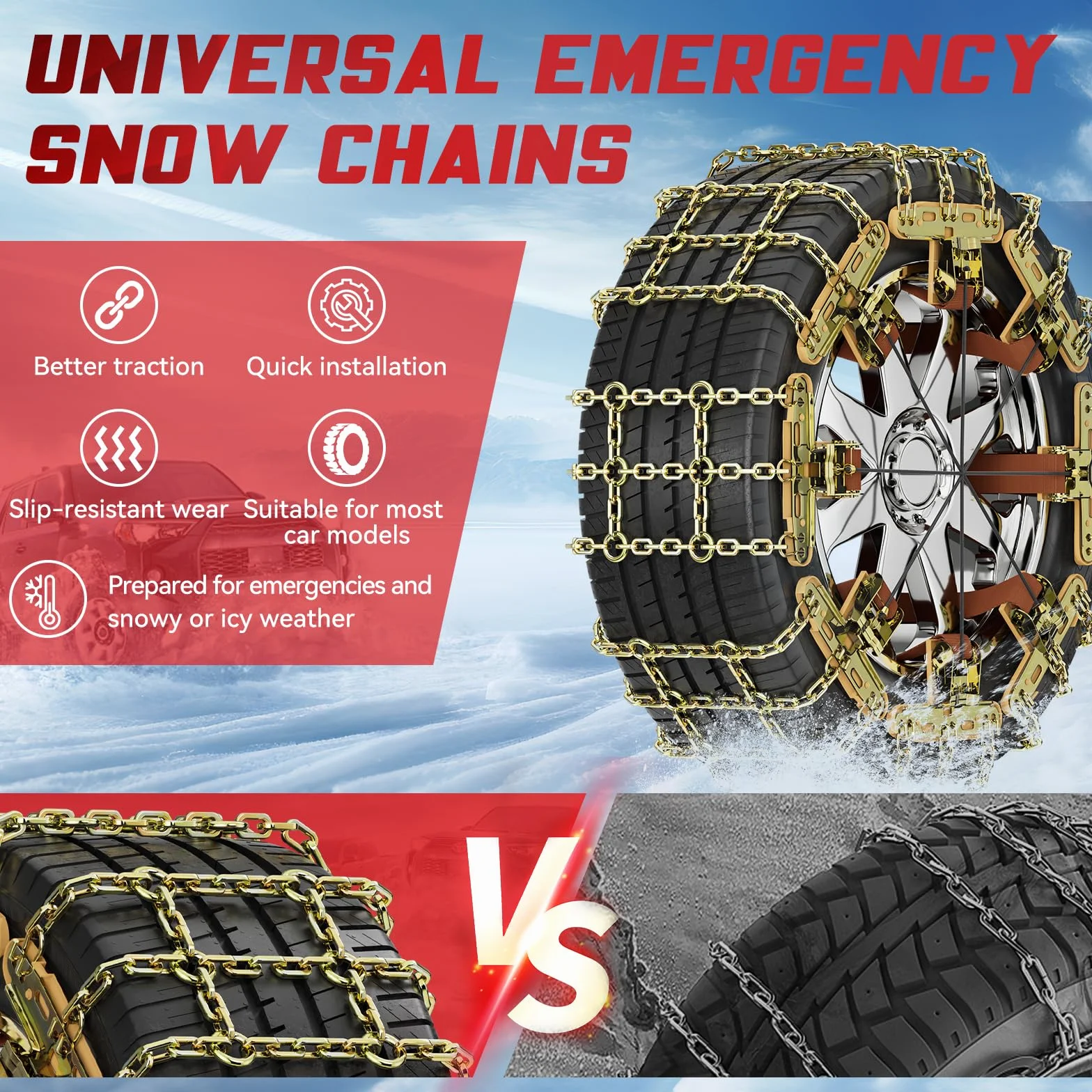 MOONCOOL Catene da Neve Universali 8 Pezzi 1 Set Montaggio Facile per Pneumatici 215-285 mm
