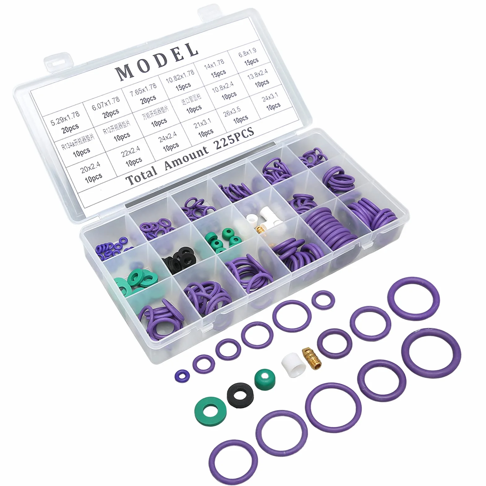 Kit di Guarnizioni per di Aria Condizionata 225PCS Set di Guarnizioni O-ring per Condizionatore D'aria per Auto Assortimento di 14 Misure con Distanziatore a Rondella per