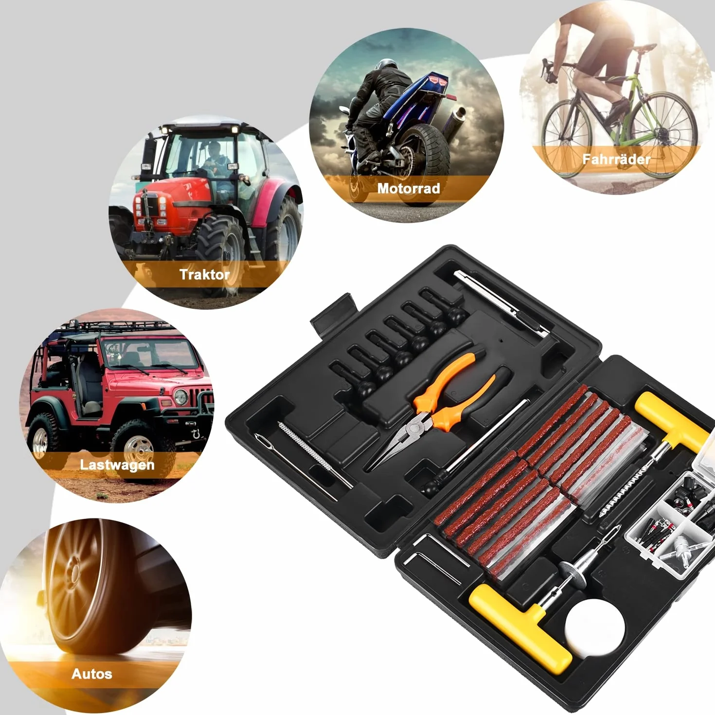 Kit Riparazione Pneumatici 100 Pezzi con Manometro Pressione, Guanti e Riparazione Rapida Chiodo per Auto Biciclette Motocicli