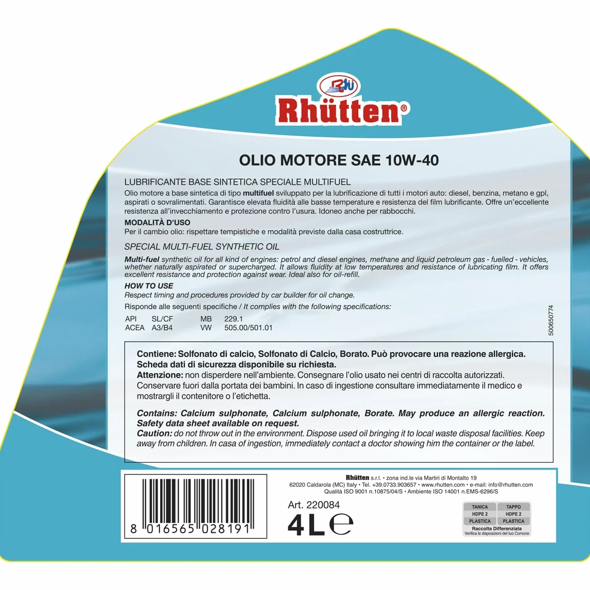 Olio Motore 10W40 Semi Sintetico 4L per Auto, Benzina, Diesel, Gpl, Ibride