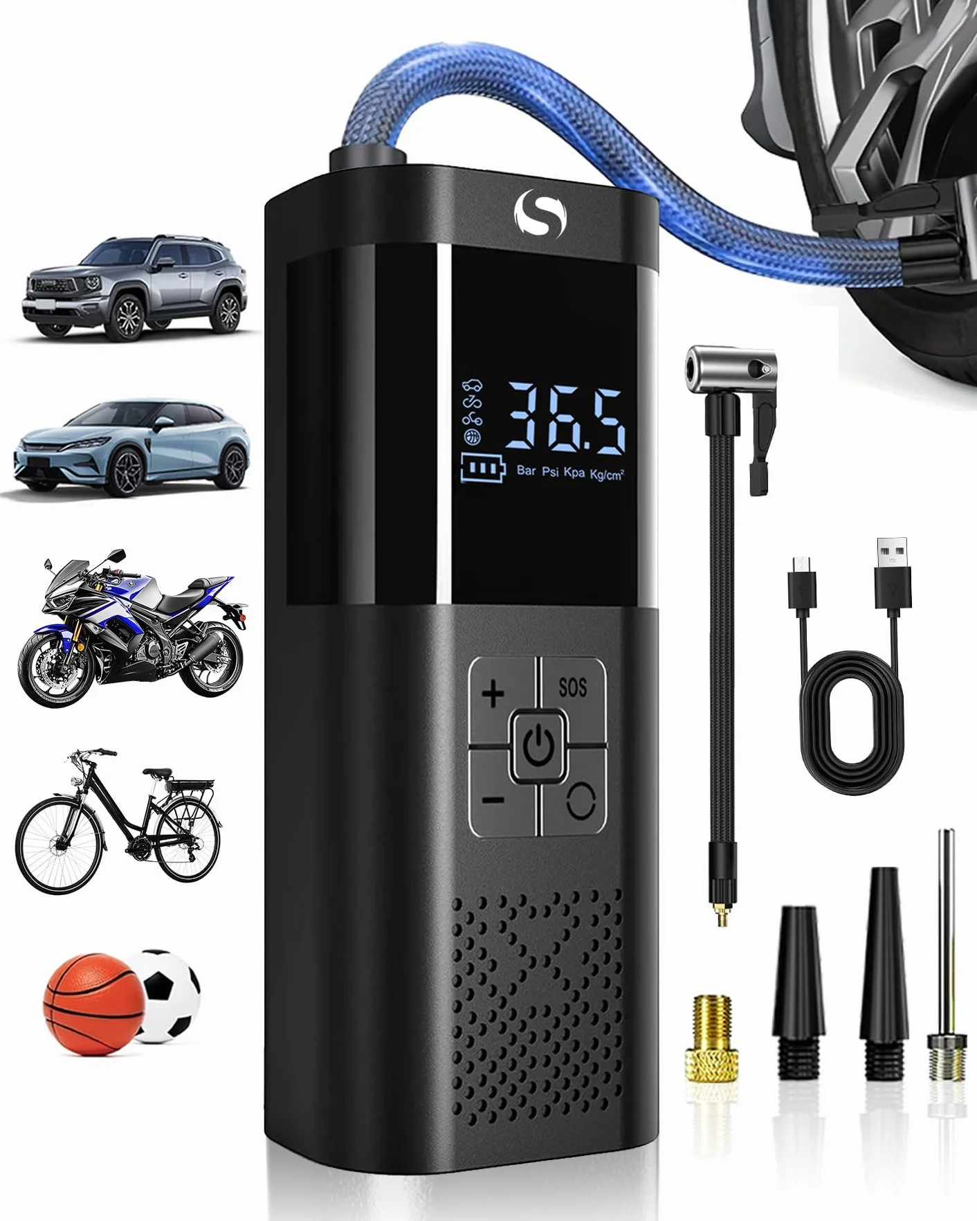 Compressore Aria Portatile 150PSI Mini Compressore a Batteria con Manometro Luce LED per Auto Moto Bici