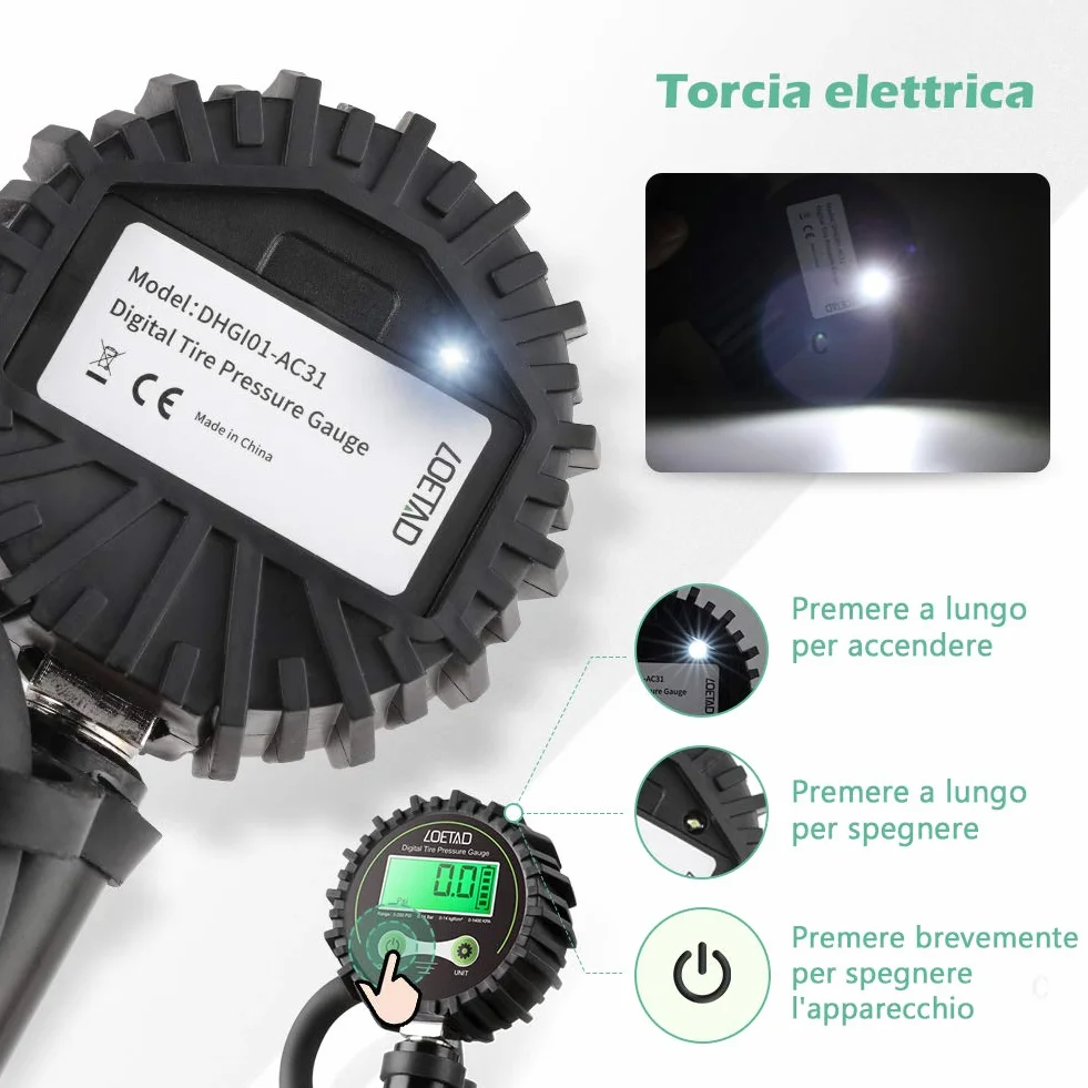 LOETAD Manometro Pressione Gomme Professionale, Manometro Digitale, Pistola Gonfiaggio Pneumatici 200 PSI Alta Precisione con Luce a LED e Schermo LCD per Auto, SUV, Camion, Moto e Biciclette