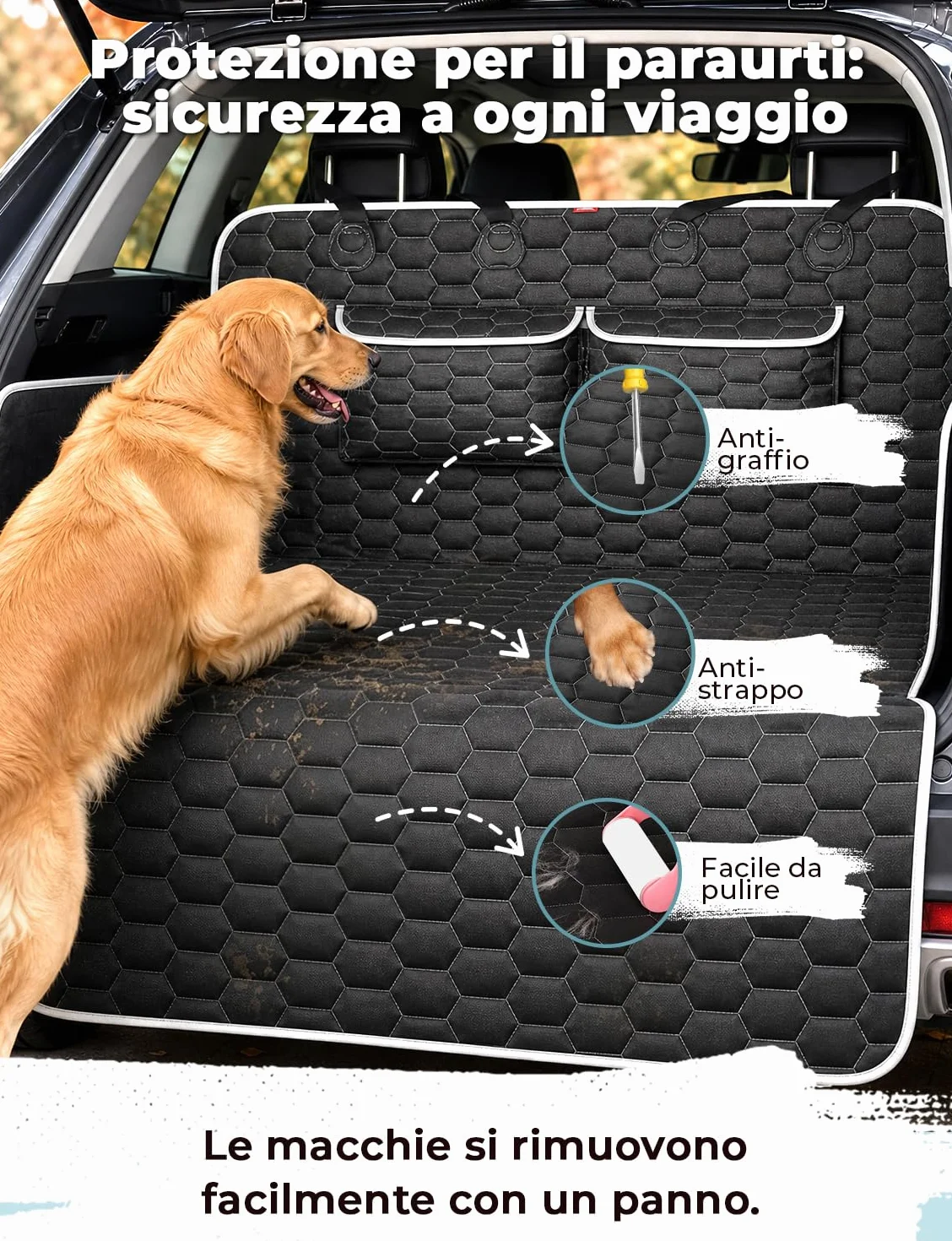 Oasser Telo Auto per Cani Bagagliaio con 2 Tasche Grandi,Impermeabile,Antiscivolo,Antipolvere,185 x 103 cm con Protezione Laterale e Paraurti,Lavabile in lavatrice,Universale per Auto e SUV Nero