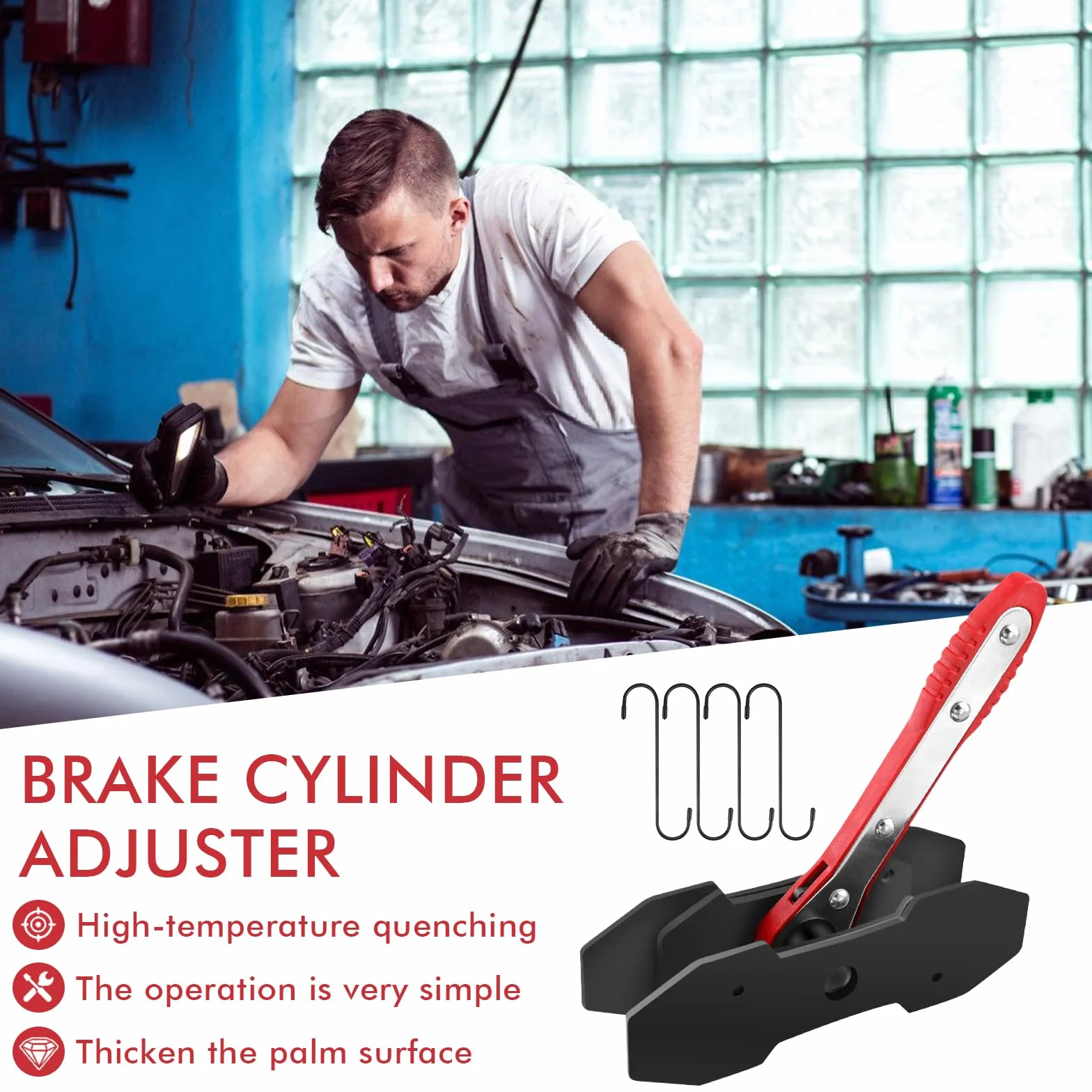 Strumento a Cricchetto per Pinza Freno Retrattore Pistoncino Freno Rosso Set Presse con 4 Ganci Sostituzione Pastiglie Freno Riparazioni Freni Auto