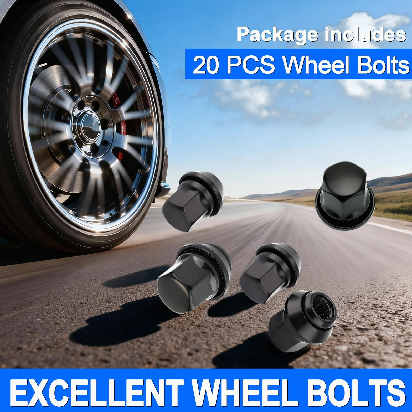 Set di 20 dadi esagonali per ruote M12 x 1,5, per Ford Focus, Fiesta, Mondeo, Kuga, KA, 19 mm, in lega, colore nero
