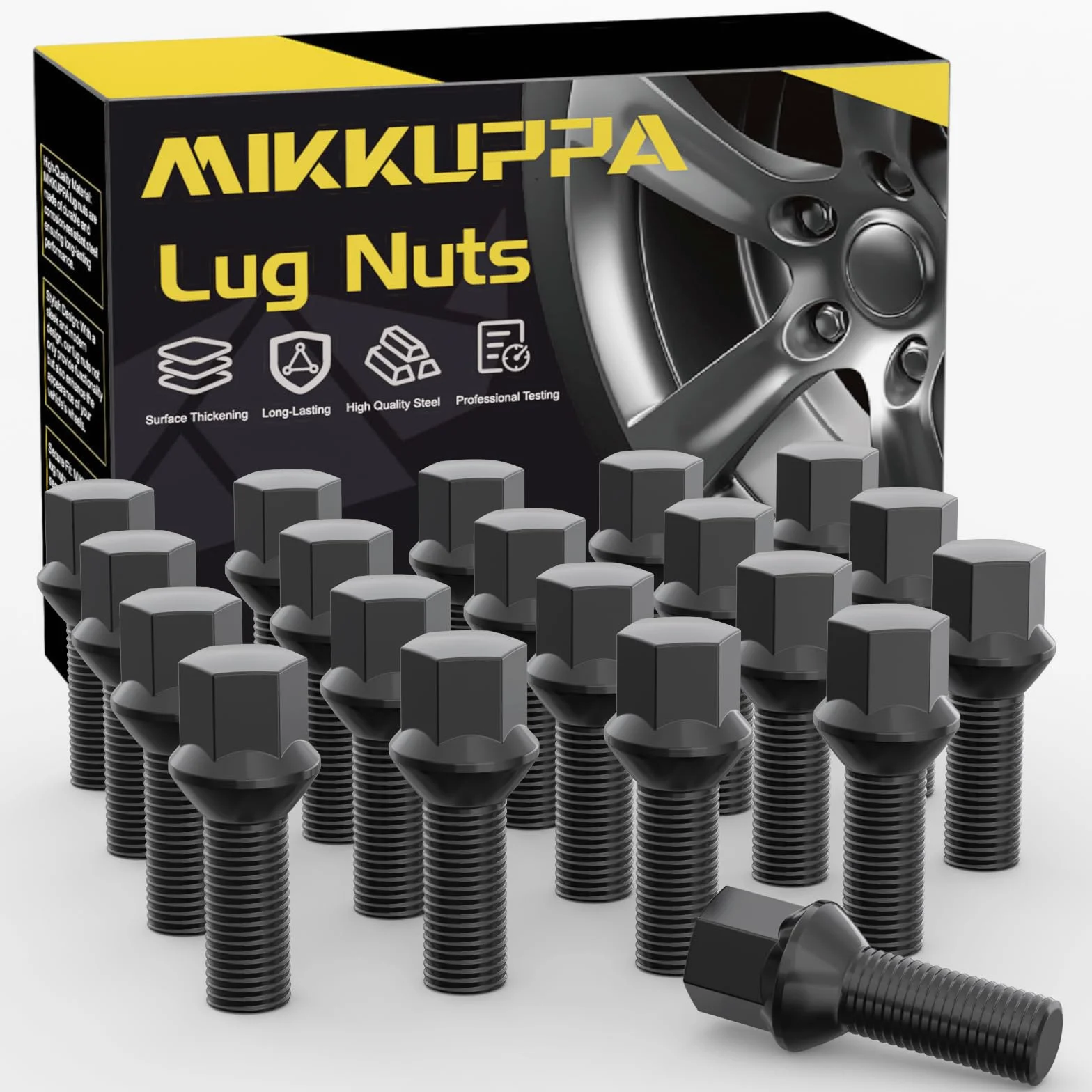 20 pezzi MIKKUPPA bulloni per ruote M14x1,5 - lunghezza del codolo: 28mm, flangia conica 60°, larghezza chiave: 17mm (Nero)
