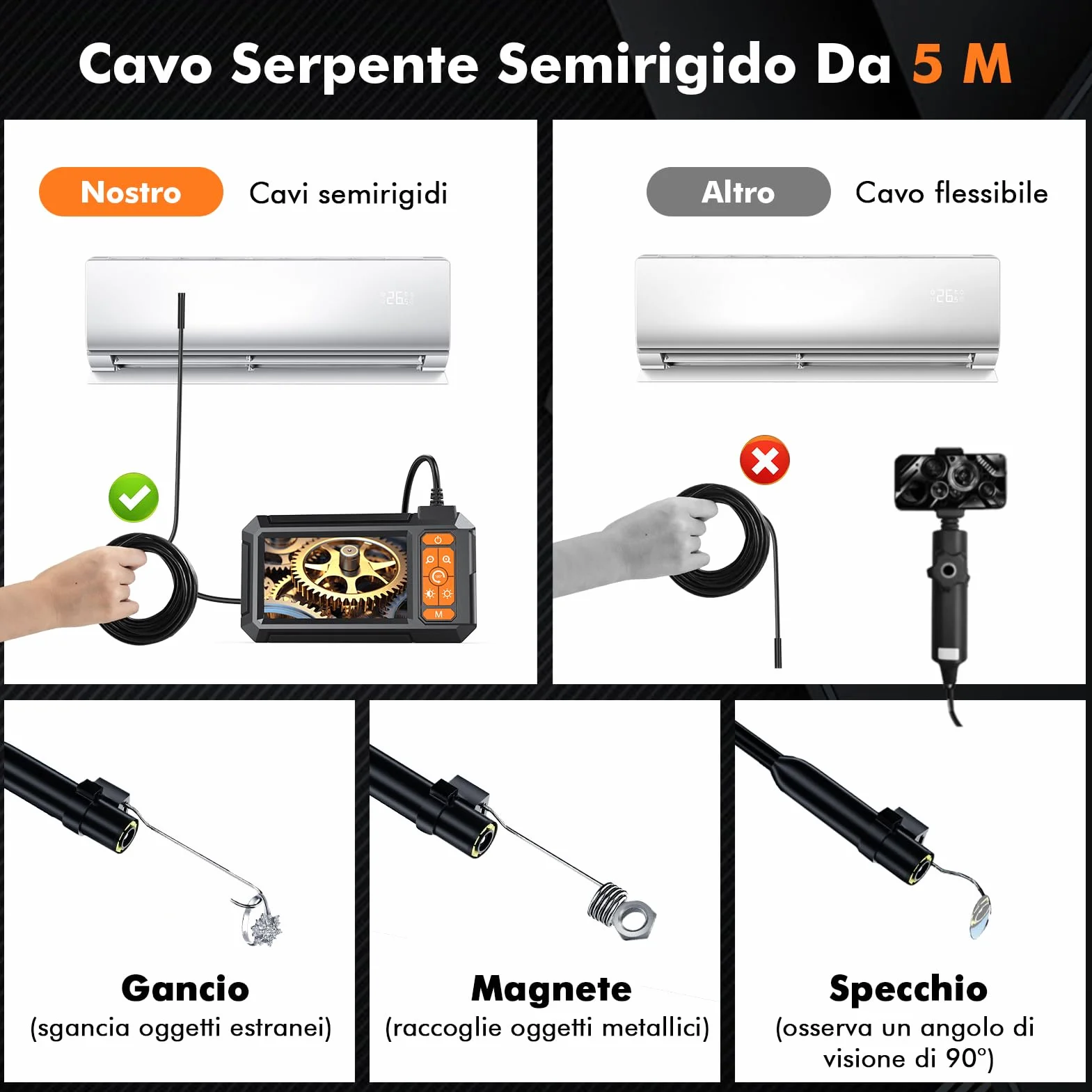 Endoscopio Professionale 1080P HD IP67 16.5FT 2600mAh Telecamera Ispezione Tubi LED