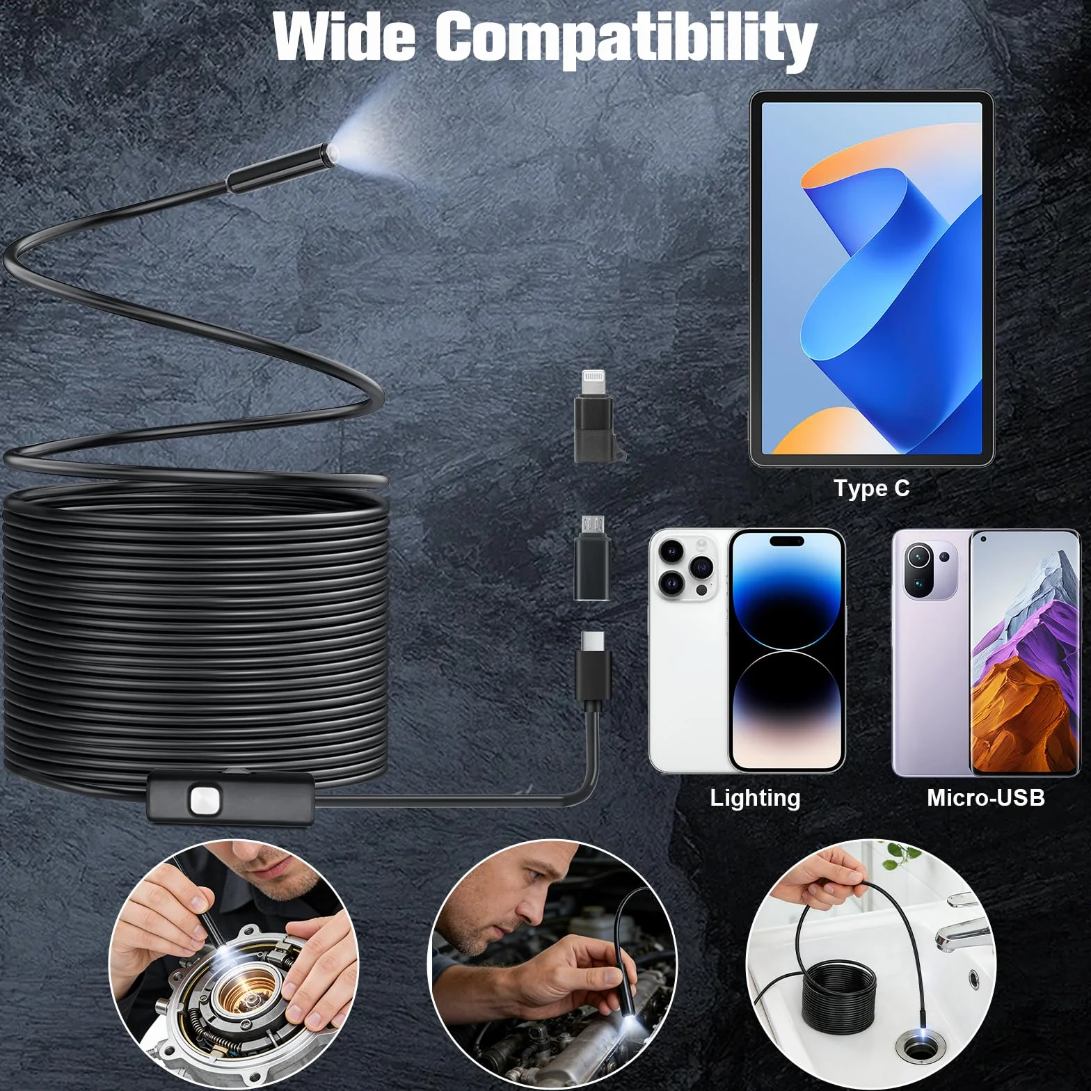 VINATO Endoscopio Smartphone 10m 1080P HD IP67 Sonda 8mm 8 LED Type-C