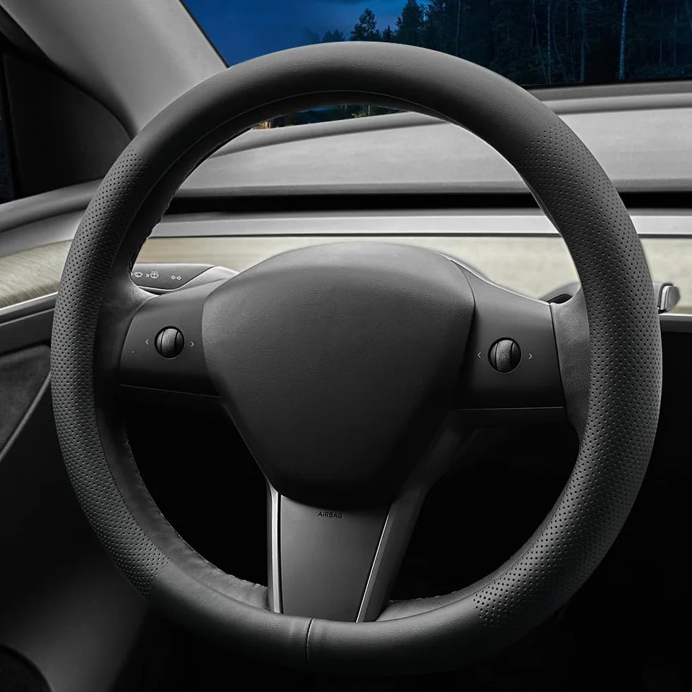 Coprivolante auto in pelle Nappa per Tesla Model 3/Y antiscivolo Nero