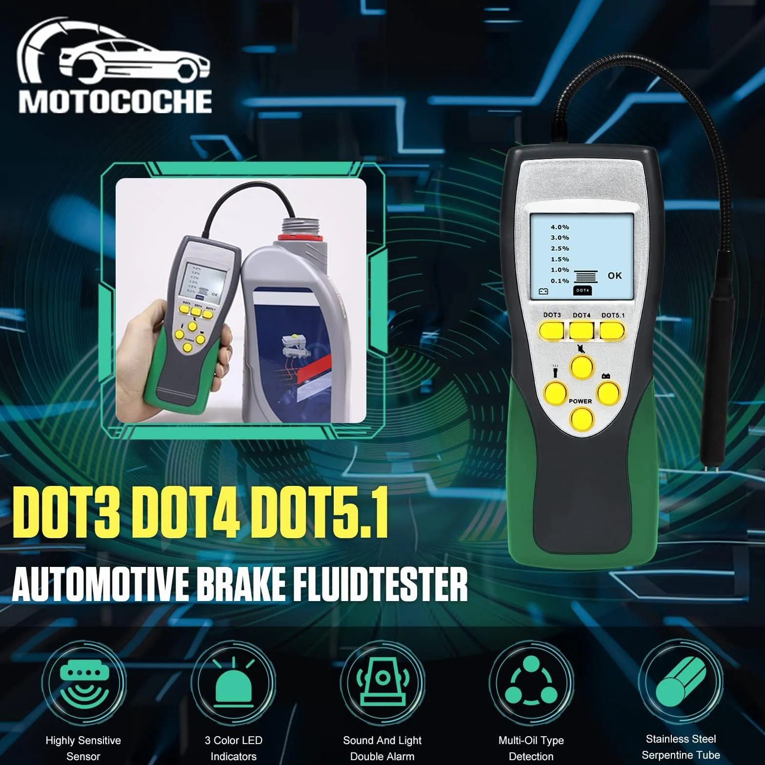 Tester Fluido Freni Auto DOT3 DOT4 DOT5.1 Display LCD 2.2" Brake Fluid Tester con Sonda 250 mm