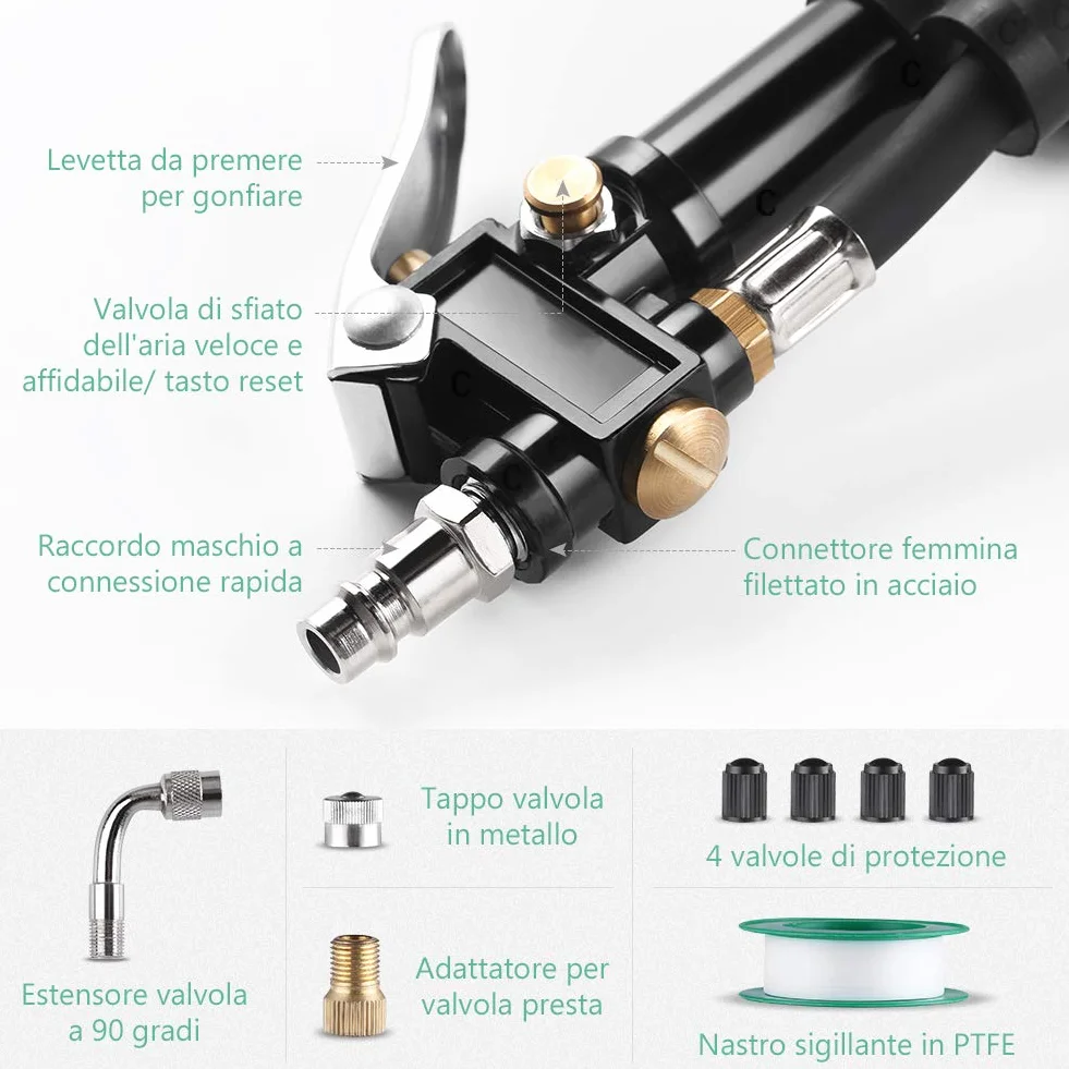 LOETAD Manometro Pressione Gomme Professionale, Manometro Digitale, Pistola Gonfiaggio Pneumatici 200 PSI Alta Precisione con Luce a LED e Schermo LCD per Auto, SUV, Camion, Moto e Biciclette
