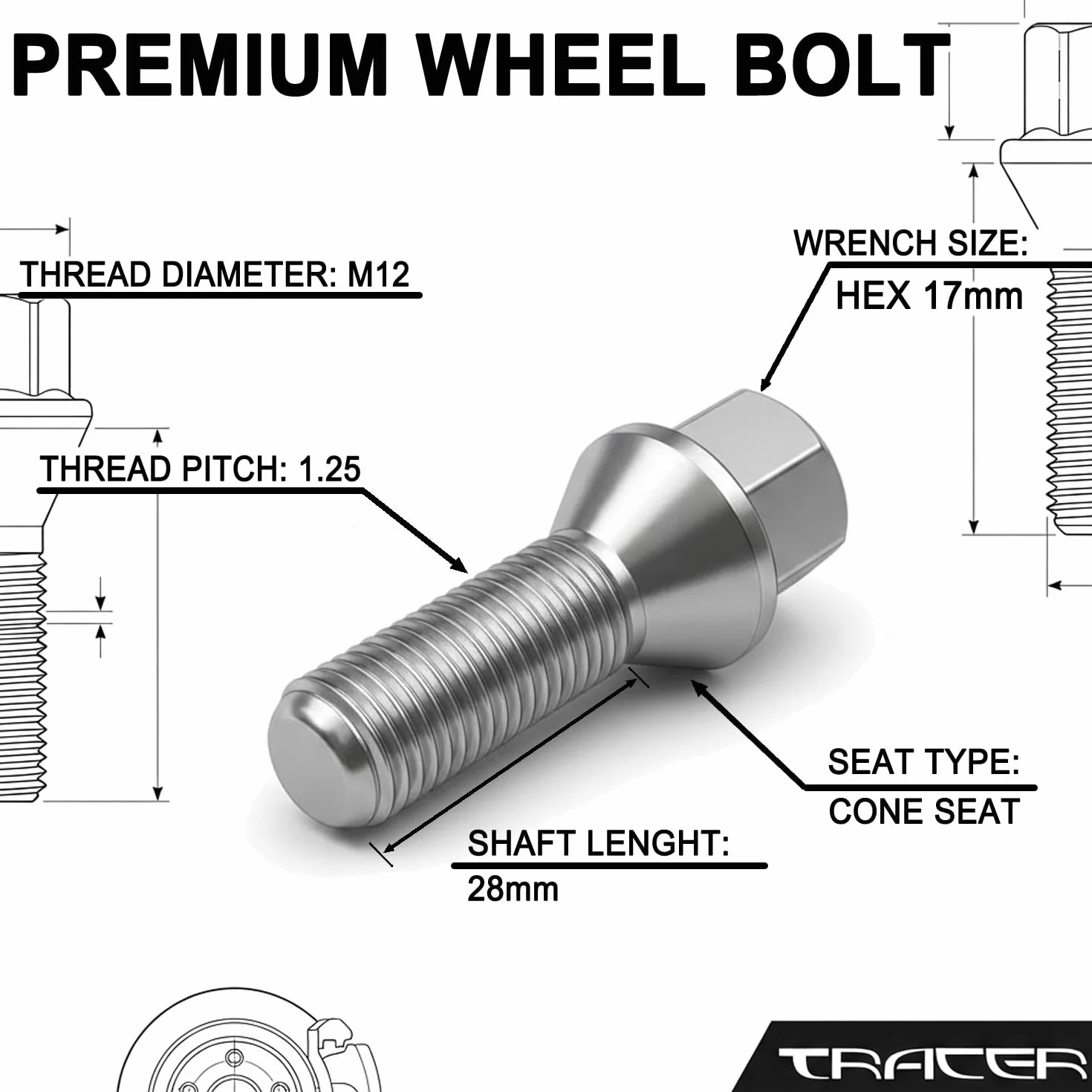 TRACER - 20 bulloni per ruota M12 x 1,25, 28 mm, sede conica, 60° compatibile con Citroen
