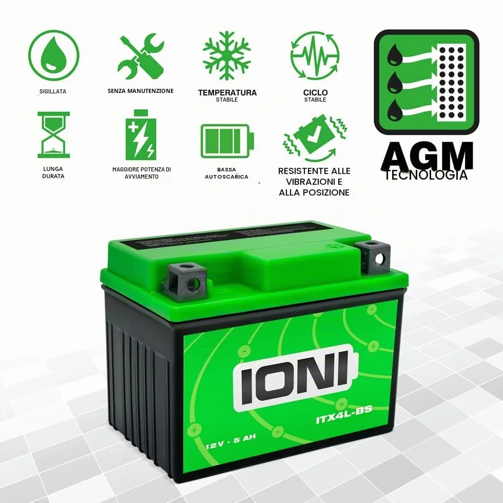 Batteria AGM 12V 5Ah compatibile con YB4L-B, YTX4L-BS per scooter IONI ITX4L-BS