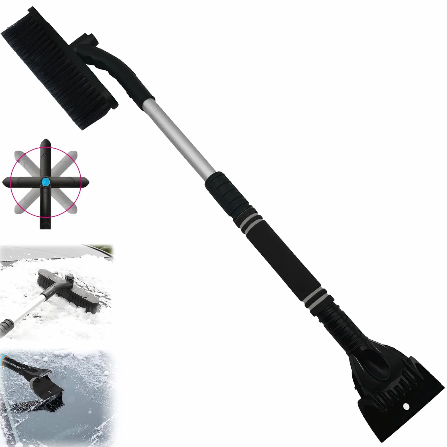 Spazzola Neve Telescopica 3 in 1 Raschietto Ghiaccio per Parabrezza Auto SUV Camion Nero