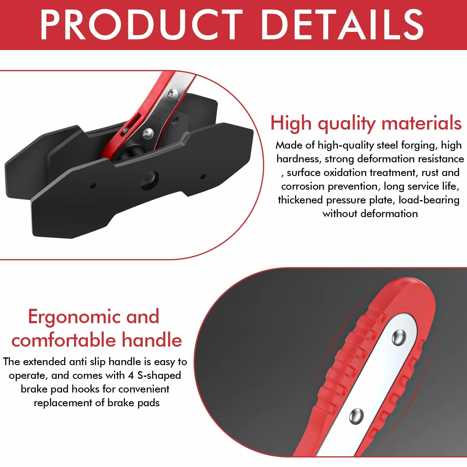Strumento a Cricchetto per Pinza Freno Retrattore Pistoncino Freno Rosso Set Presse con 4 Ganci Sostituzione Pastiglie Freno Riparazioni Freni Auto