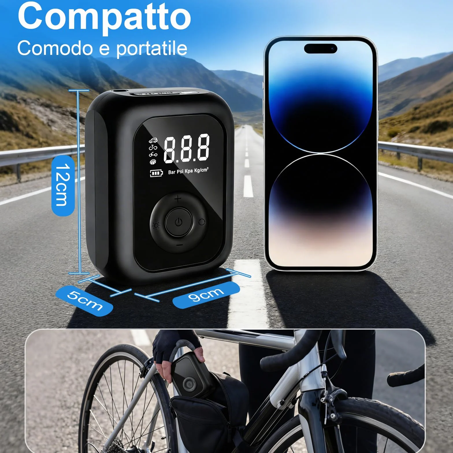 Compressore Aria Portatile 150PSI Pompa Elettrica Bicicletta Mini Schermo LED Digitale Illuminazione LED Auto Moto