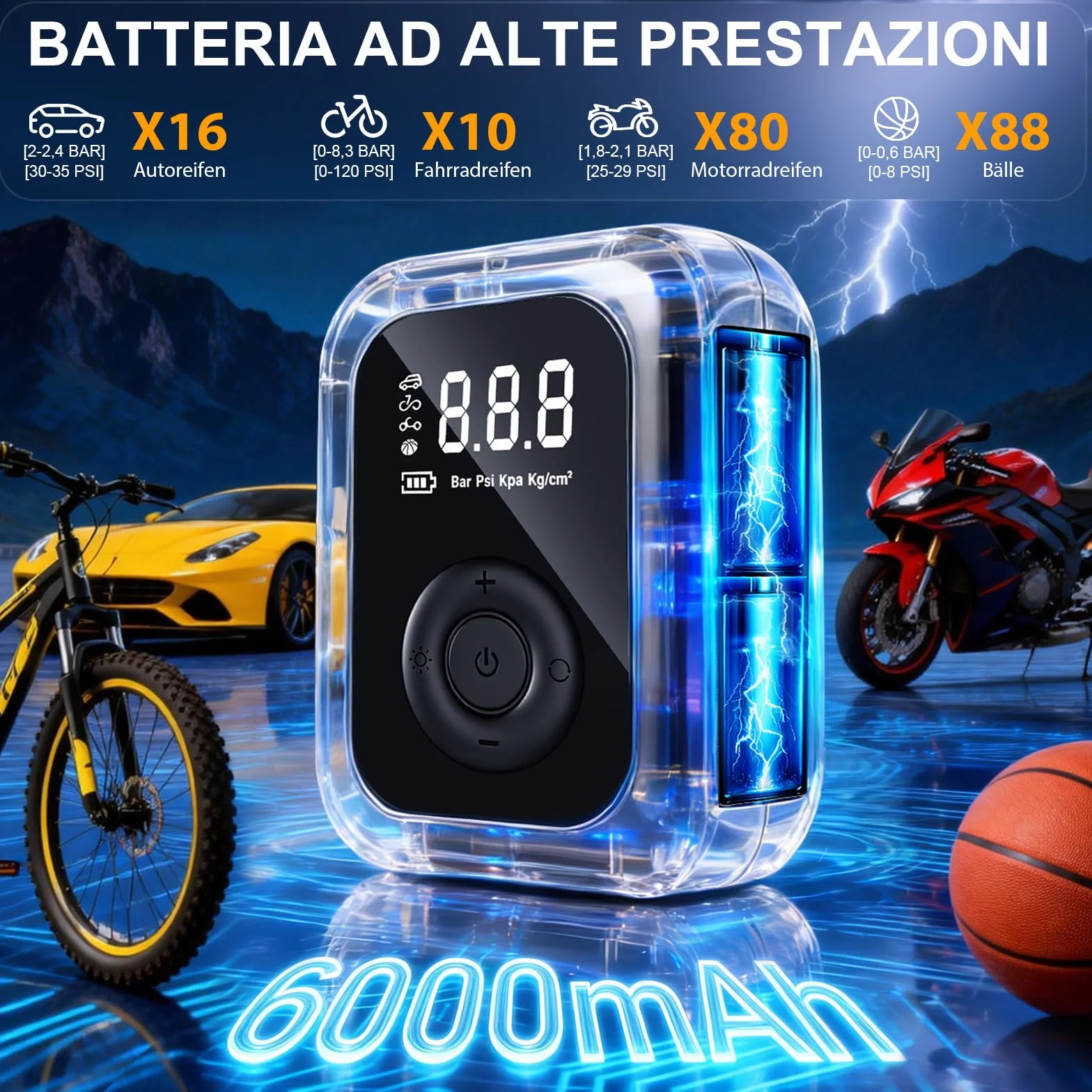 Compressore Aria Portatile 150PSI Pompa Elettrica Bicicletta Mini Schermo LED Digitale Illuminazione LED Auto Moto