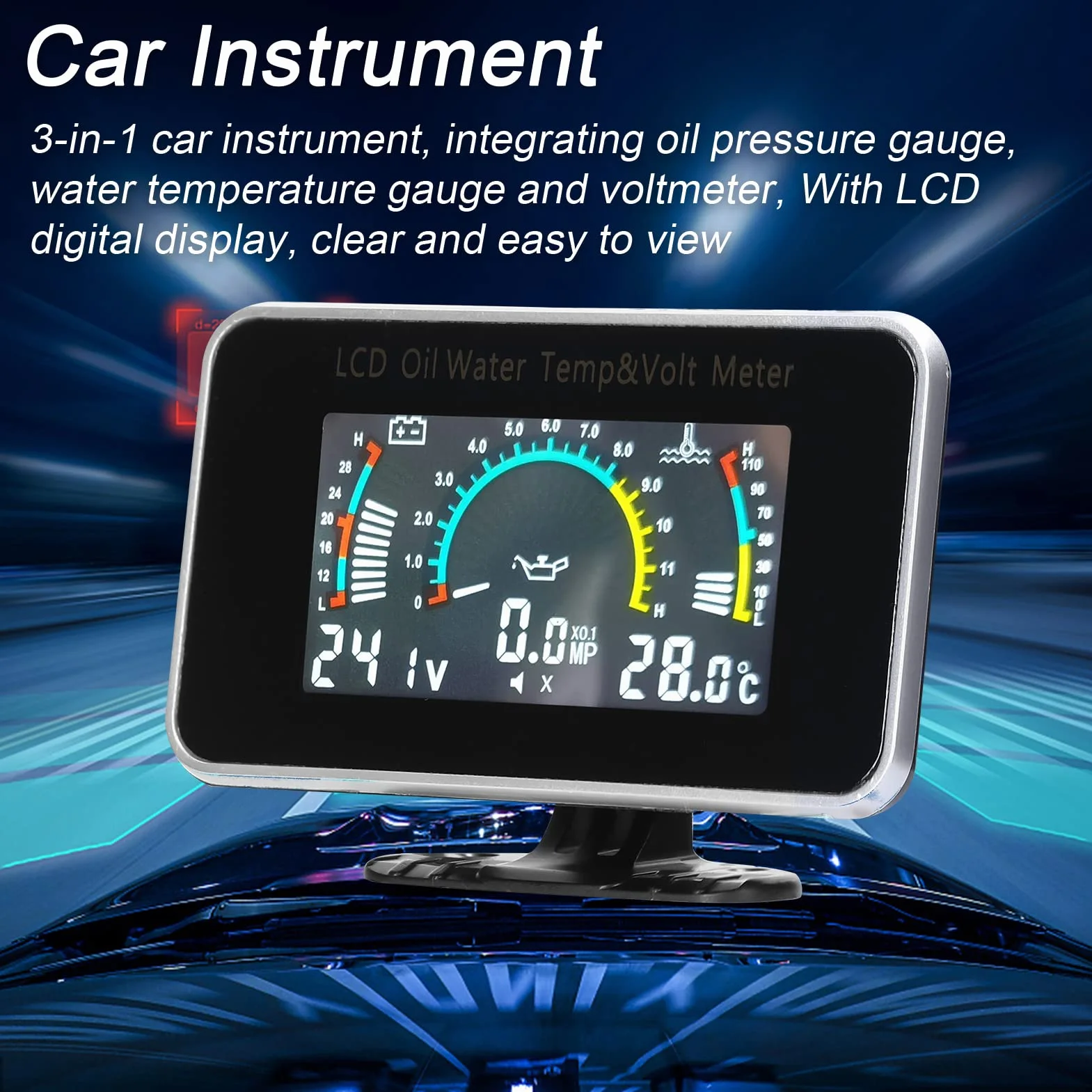 Misuratore LCD universale per auto 3-in-1 Manometro digitale di pressione olio tensione e temperatura acqua Strumento da 9-36V camion SUV RV