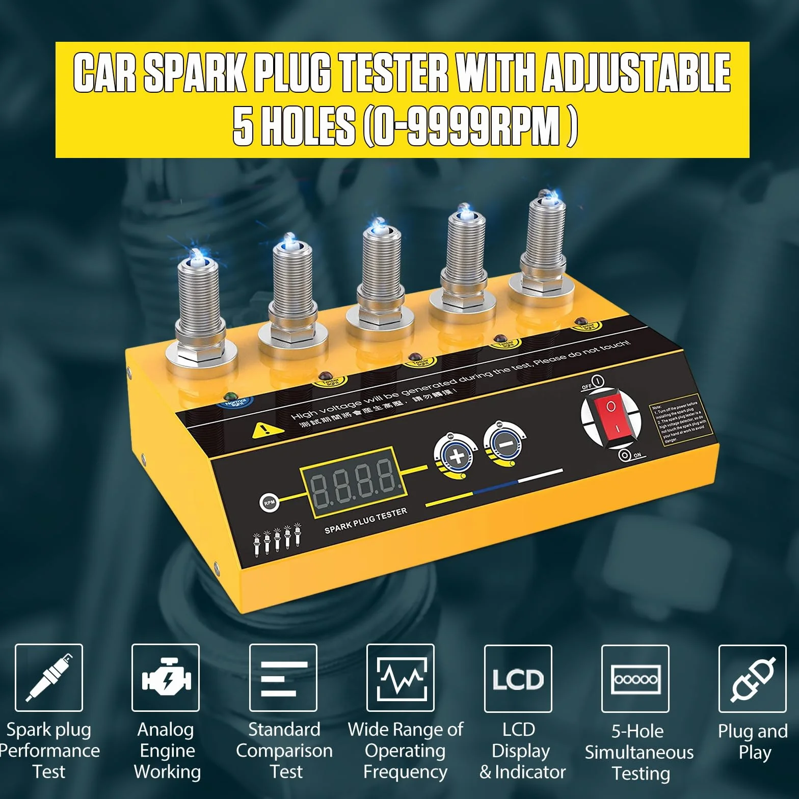 Tester per Candele Automobilistiche 220V 5 Fori 200-9000 giri/min Frequenza Regolabile Display Digitale per Auto e Moto 12V