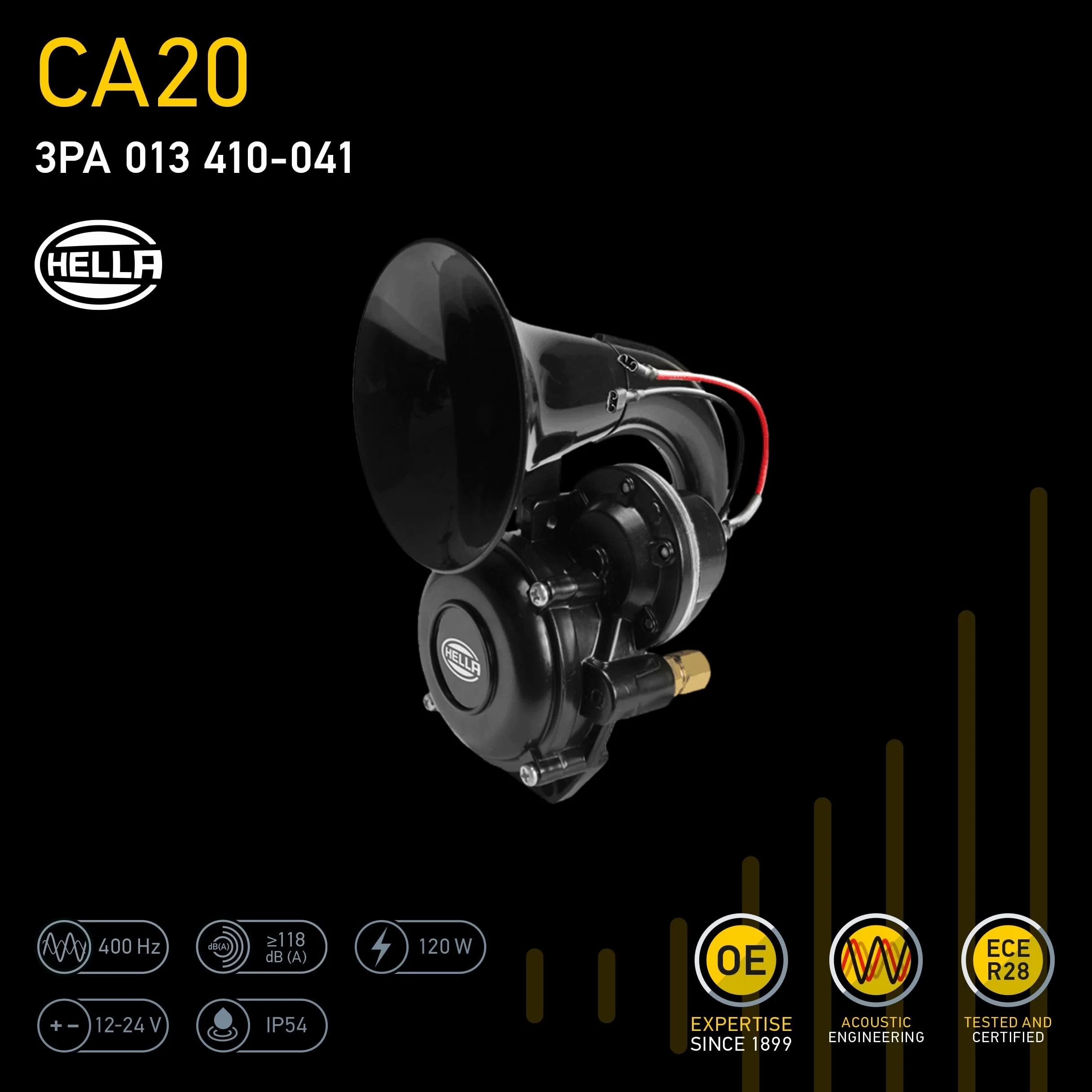 HELLA Tromba CA20 - 115dB(A) - Gamma frequenze: 400Hz - Tono alto - elettrico-pneumatico - ECE - Colore alloggiamento/sede: nero - Quantità: 1 - 3PA 013 410-041