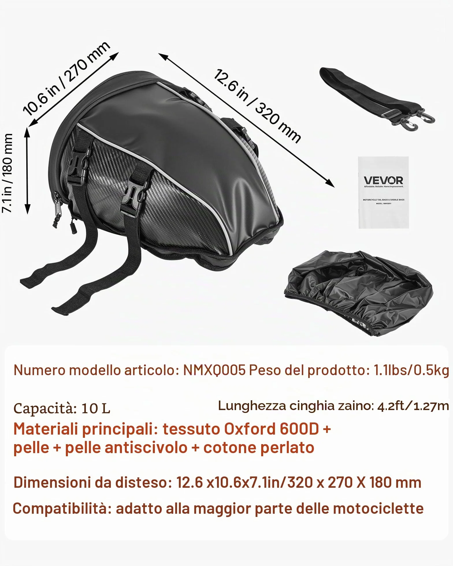 VEVOR Borsa Posteriore per Moto, Espandibile 10 L, Impermeabile, Antipioggia, Zaino, Tracolle, Tasca, Nero