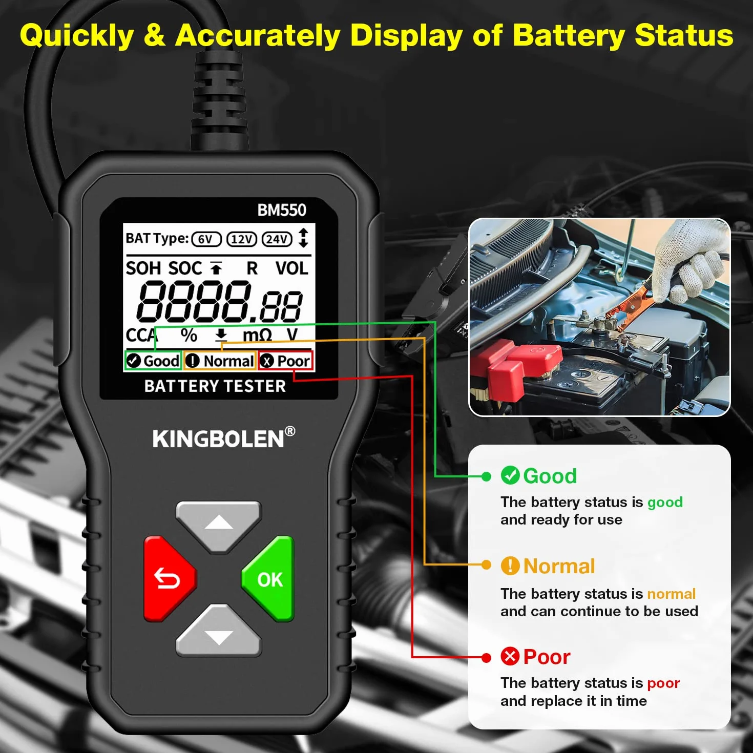 KINGBOLEN BM550 Tester Batteria 6V 12V 24V, Analizzatore Digitale 100-2000CCA 2-220Ah per Auto, Camion, Marina, Moto, SUV, Barca - Strumento di Test Alternatore