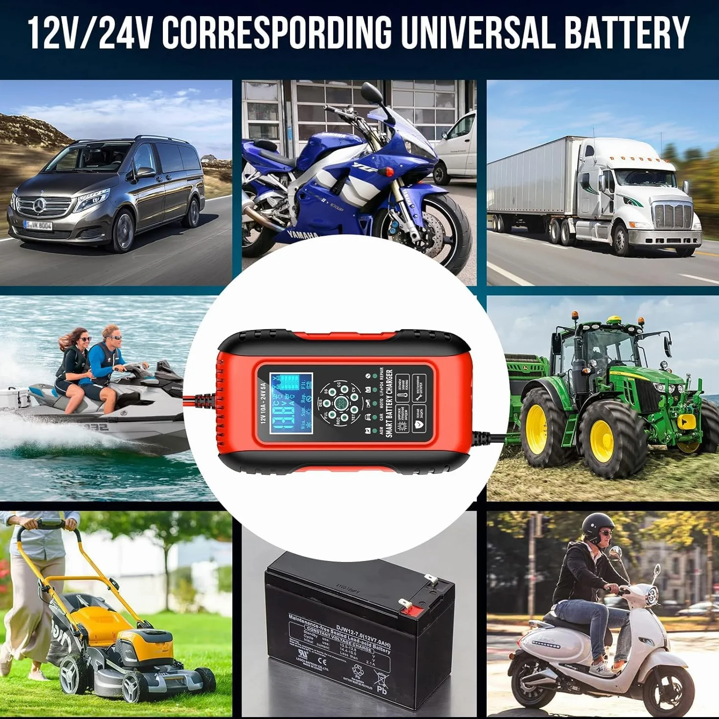 Caricabatteria da Auto 12V10A 24V5A, Intelligente Schermo LCD Carica Batteria Moto, AGM, LiFePO4