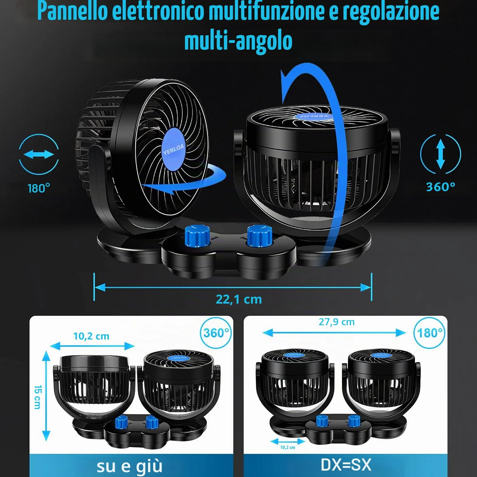 Yerloa Ventilatore Auto 12V a Doppia Testa Silenzioso 360° Raffreddamento per SUV Camper Barca RV