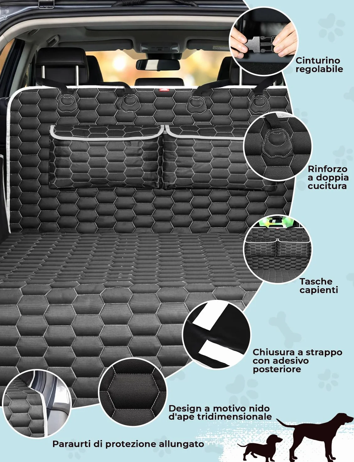 Oasser Telo Auto per Cani Bagagliaio con 2 Tasche Grandi,Impermeabile,Antiscivolo,Antipolvere,185 x 103 cm con Protezione Laterale e Paraurti,Lavabile in lavatrice,Universale per Auto e SUV Nero