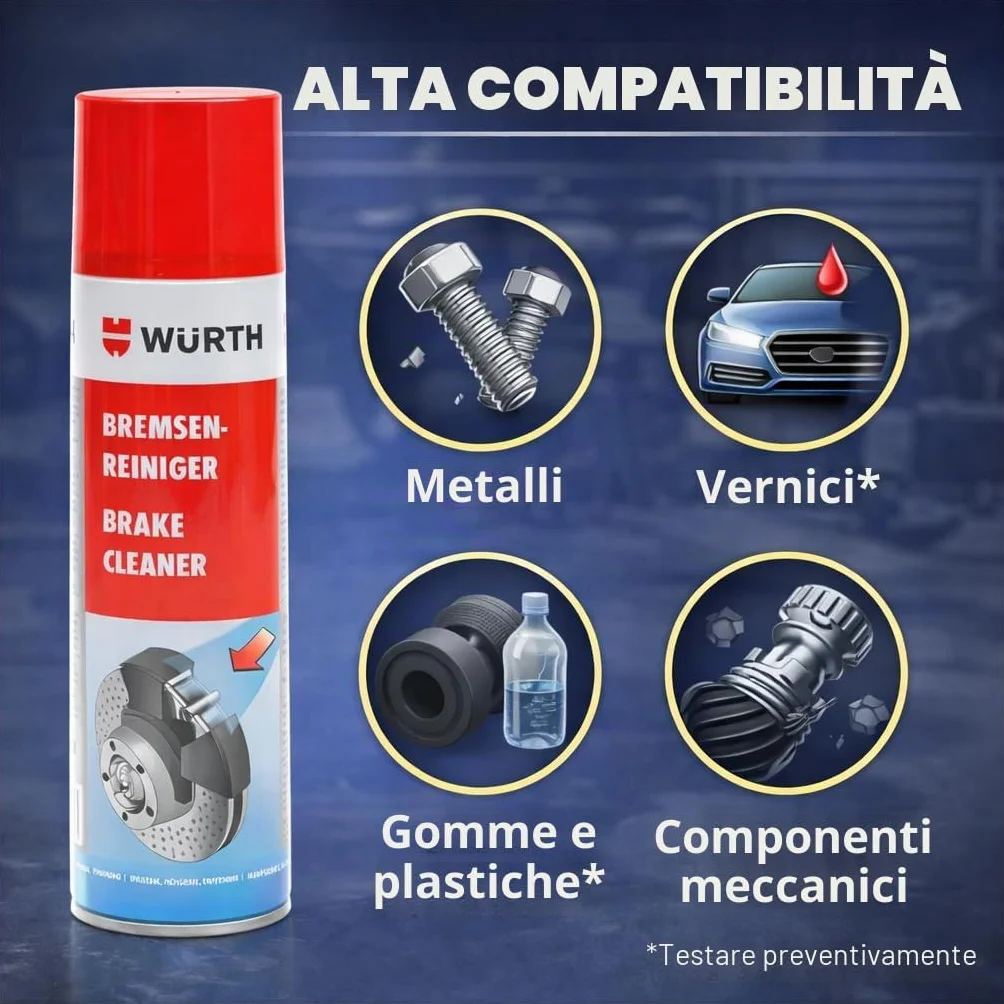 Wurth Detergente per freni, rimozione di grassi e rifiuti di olio, senza danni in plastica, ad asciugatura rapida, senza silicone, confezione da 4