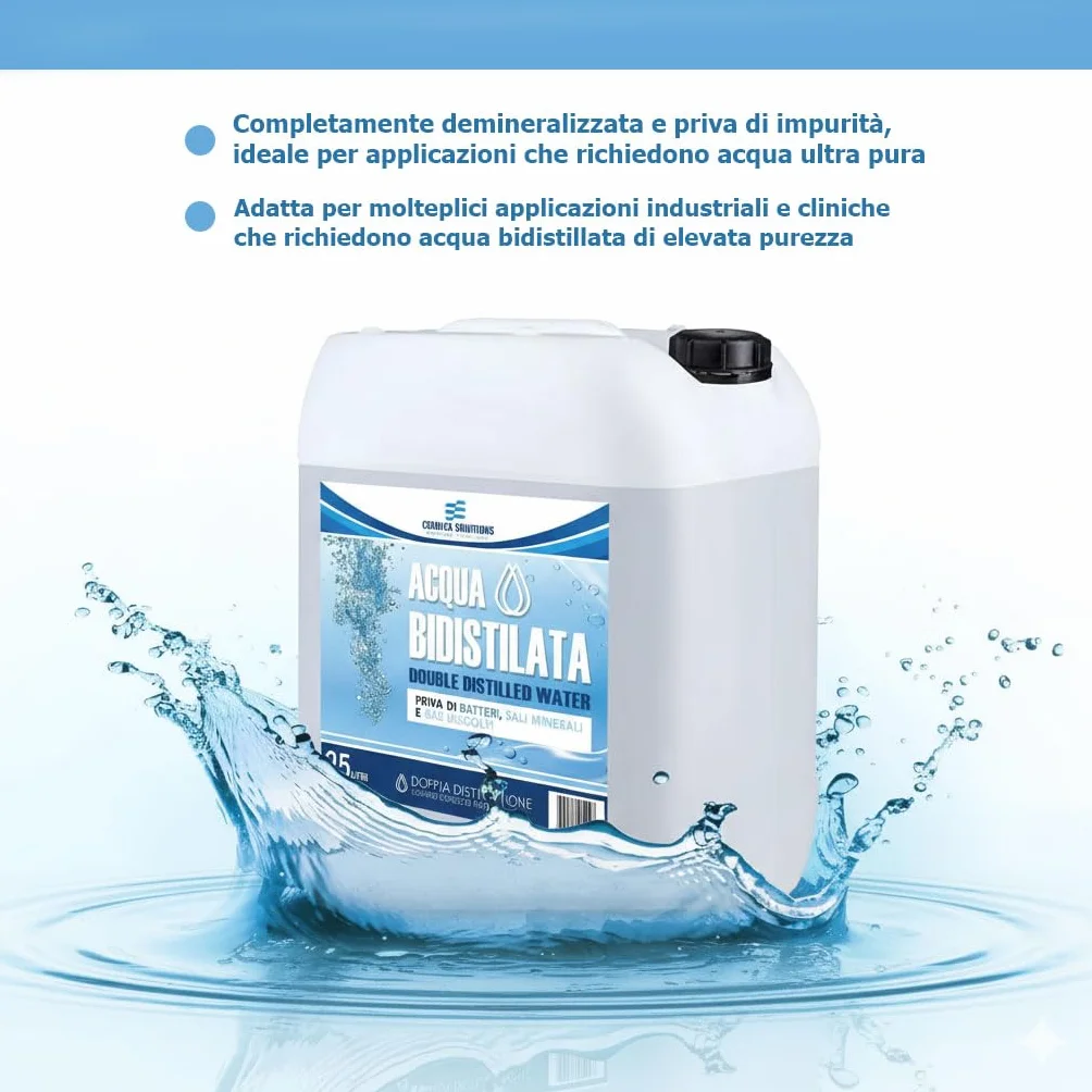 Acqua Bidistillata Pura 25 Litri Tanica per Uso Industriale e Clinico Demineralizzata per Ferri da Stiro