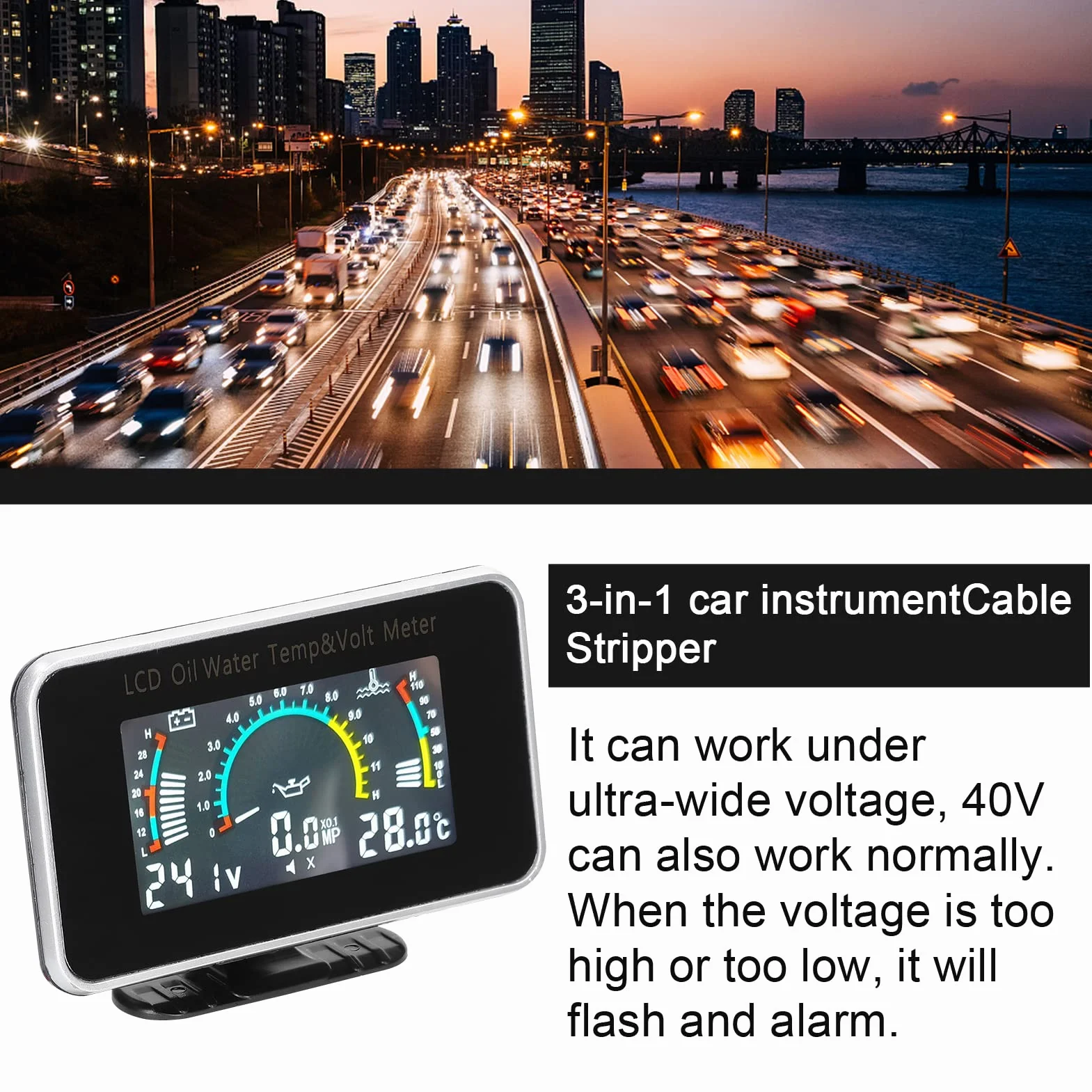Misuratore LCD universale per auto 3-in-1 Manometro digitale di pressione olio tensione e temperatura acqua Strumento da 9-36V camion SUV RV