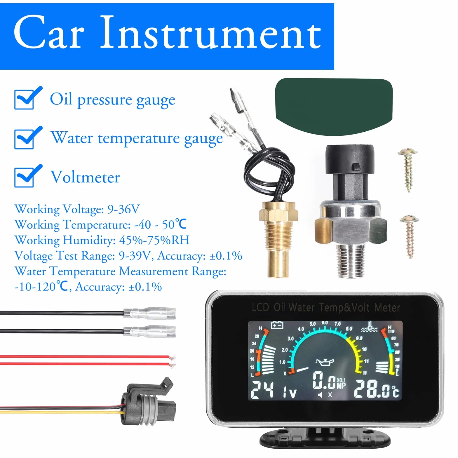 Misuratore LCD universale per auto 3-in-1 Manometro digitale di pressione olio tensione e temperatura acqua Strumento da 9-36V camion SUV RV