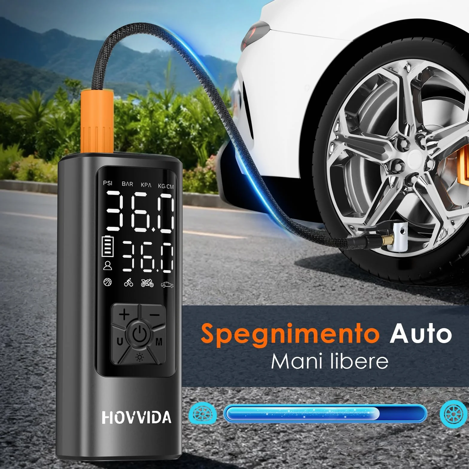 HOVVIDA Compressore Aria Portatile 150 PSI 10,3 Bar 5V Spegnimento Automatico LED