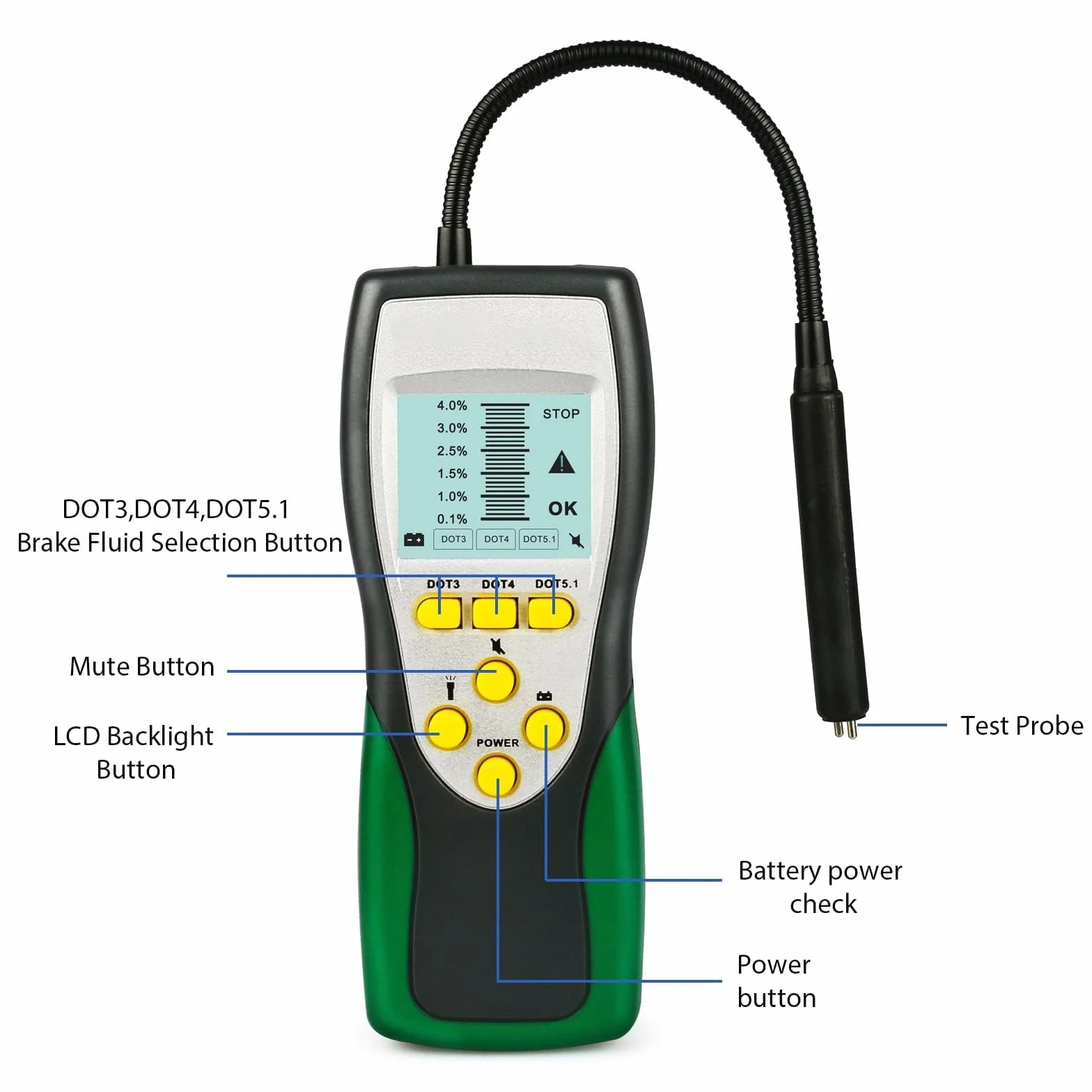Tester Fluido Freni Auto DOT3 DOT4 DOT5.1 Display LCD 2.2" Brake Fluid Tester con Sonda 250 mm