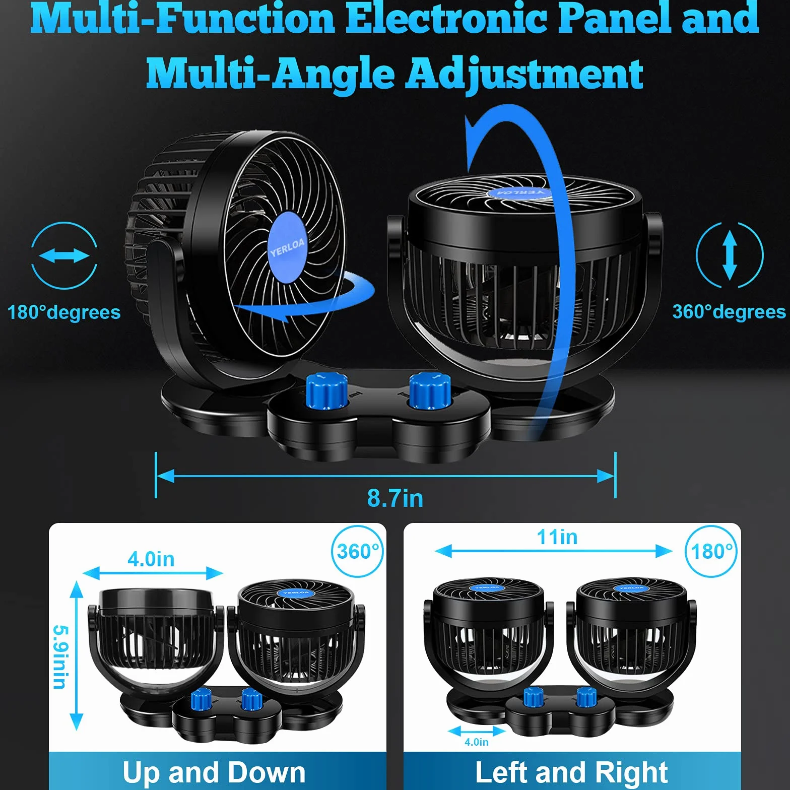 Yerloa Ventilatore Auto 12V, 12V Ventilatore di Raffreddamento per Auto con Rotazione a 360°, Potente e Silenzioso, Presa Accendisigari, per SUV, Camper, Golf Cart e Veicoli