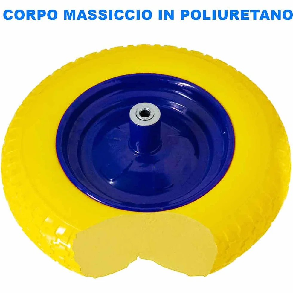 Ruota Piena in Poliuretano Giallo Antiforatura per Carriola Diametro 35cm Larghezza 9cm 3.50-8 Cerchio Acciaio Asse 170mm