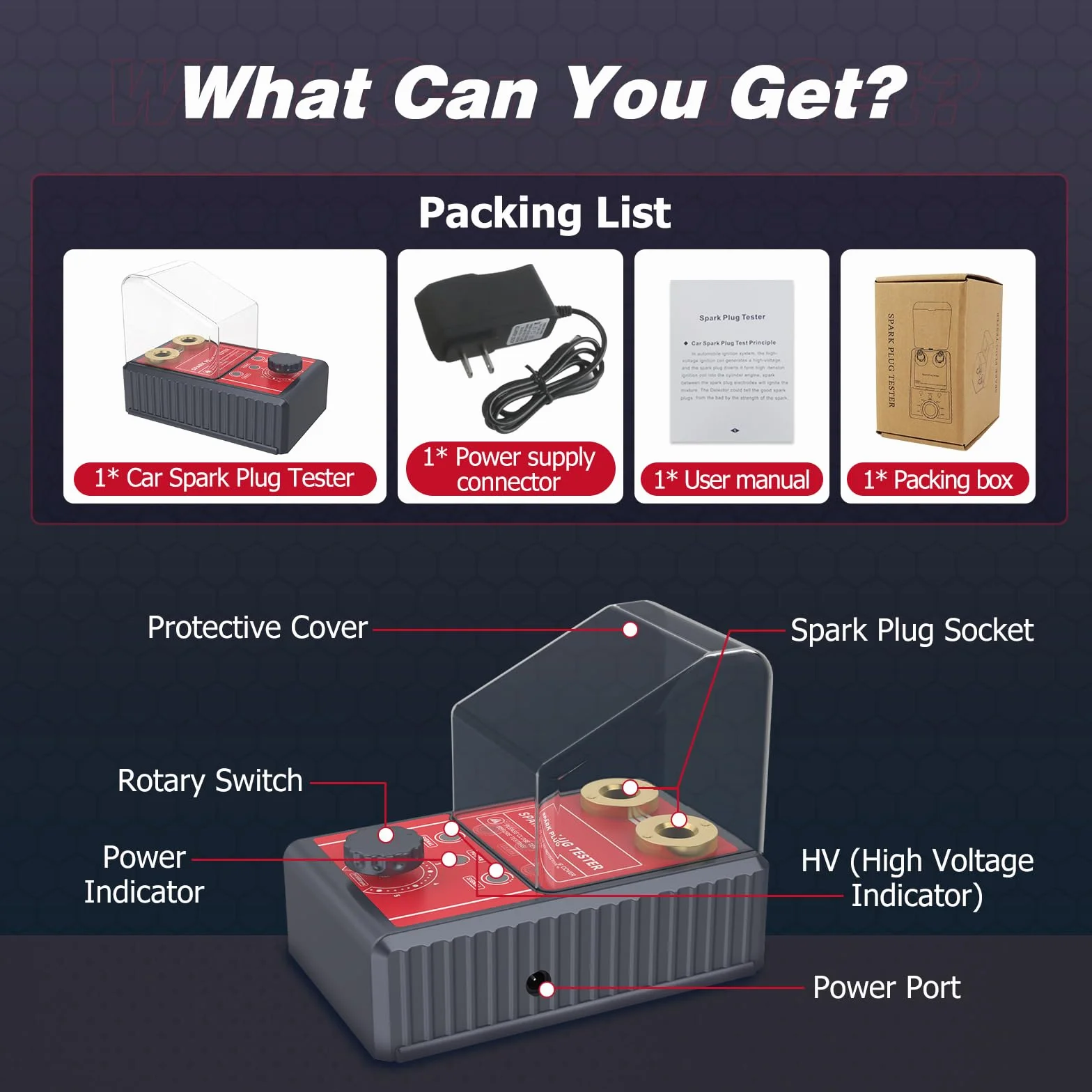 MOTOCOCHE Tester per Candele Auto 220V, Tester di Accensione a Doppio Foro 12V, 0-6000 giri/min Rilevatore Candele 12mm
