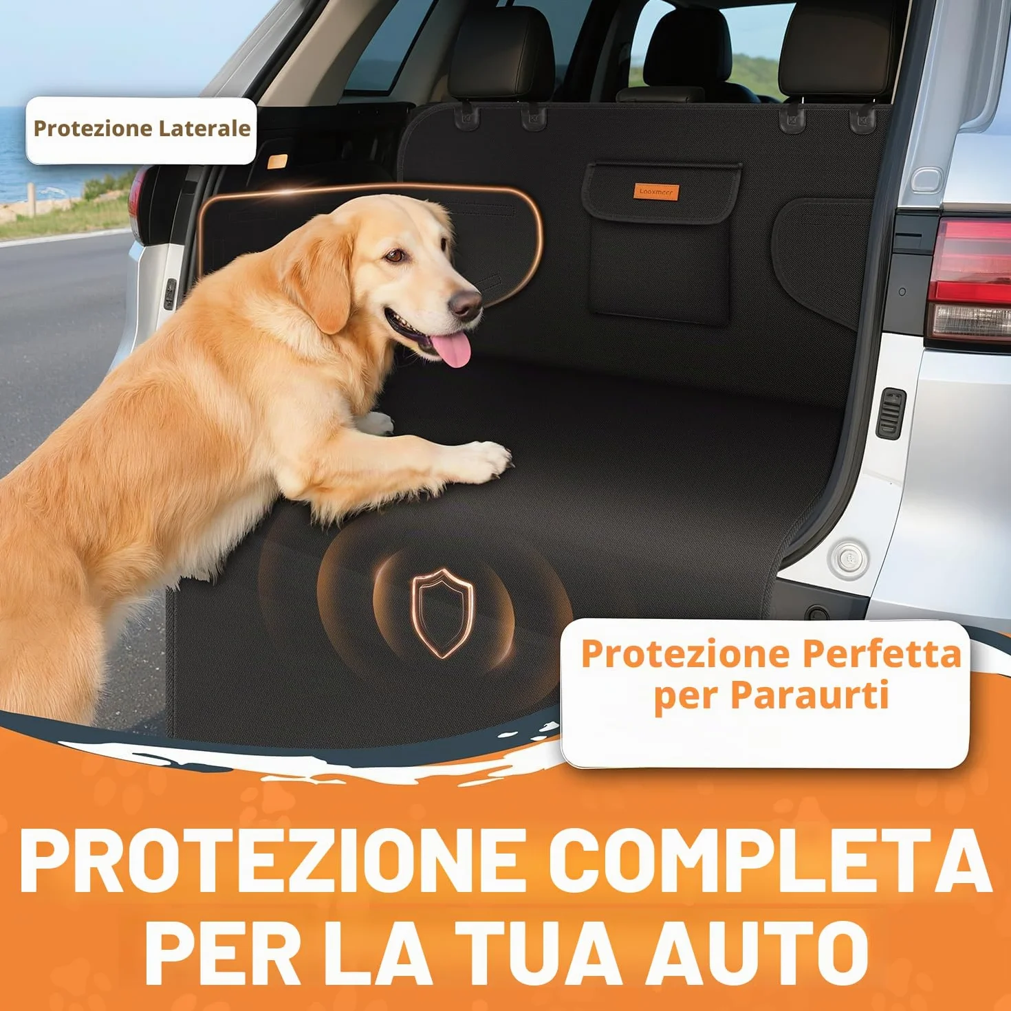Protezione Bagagliaio Auto per Cani, Telo Auto per Cani con Tasca, Protezione Laterale e Paraurti, Impermeabile Antistrappo Antiscivolo, Universale per Auto, SUV, 183 x 104 cm, Nero(Leggero)