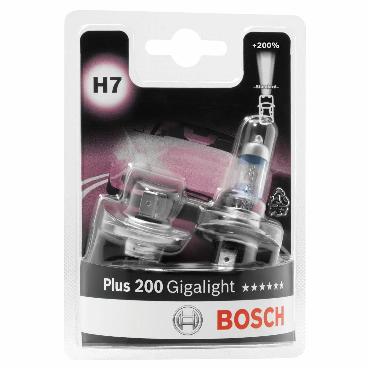 Bosch Lampadine Alogene H7 Plus 200 Gigalight, 12 V 55 W, con il 200% di Luce in più - Attacco PX26d - Confezione da 2 Lampadine