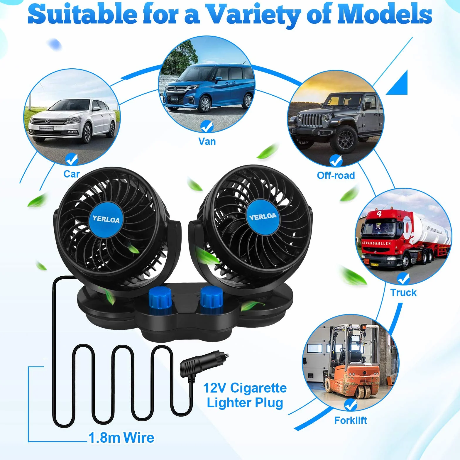 Yerloa Ventilatore Auto 12V, 12V Ventilatore di Raffreddamento per Auto con Rotazione a 360°, Potente e Silenzioso, Presa Accendisigari, per SUV, Camper, Golf Cart e Veicoli