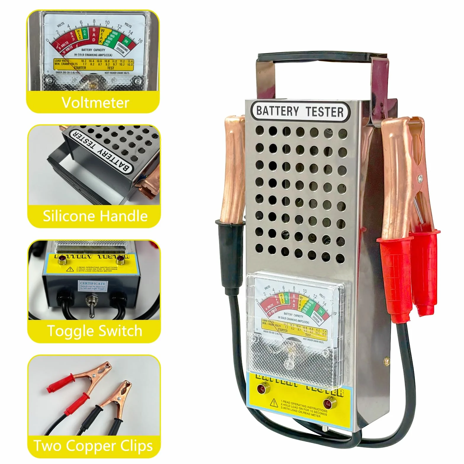 Tester Batteria Auto 6V 8V 12V Tester Tensione con Voltmetro e Pinze Tester di Carico Automobilistico Alternatore di Batterie per Furgone, Barca, Camion, SUV, Moto, Camper