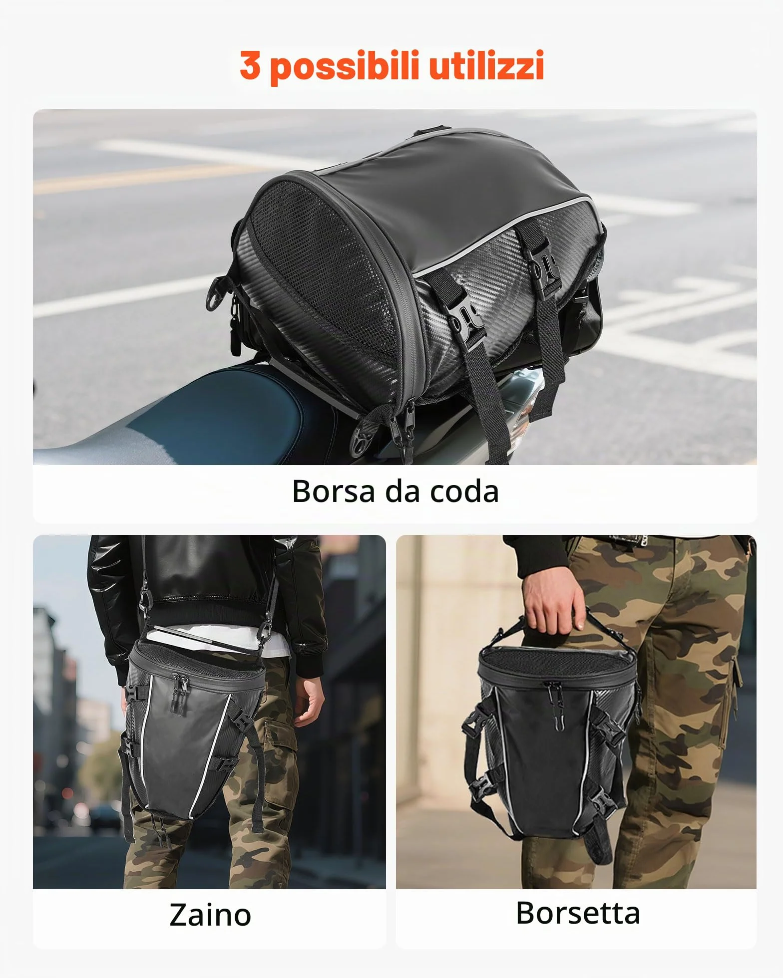 VEVOR Borsa Posteriore per Moto, Espandibile 10 L, Impermeabile, Antipioggia, Zaino, Tracolle, Tasca, Nero
