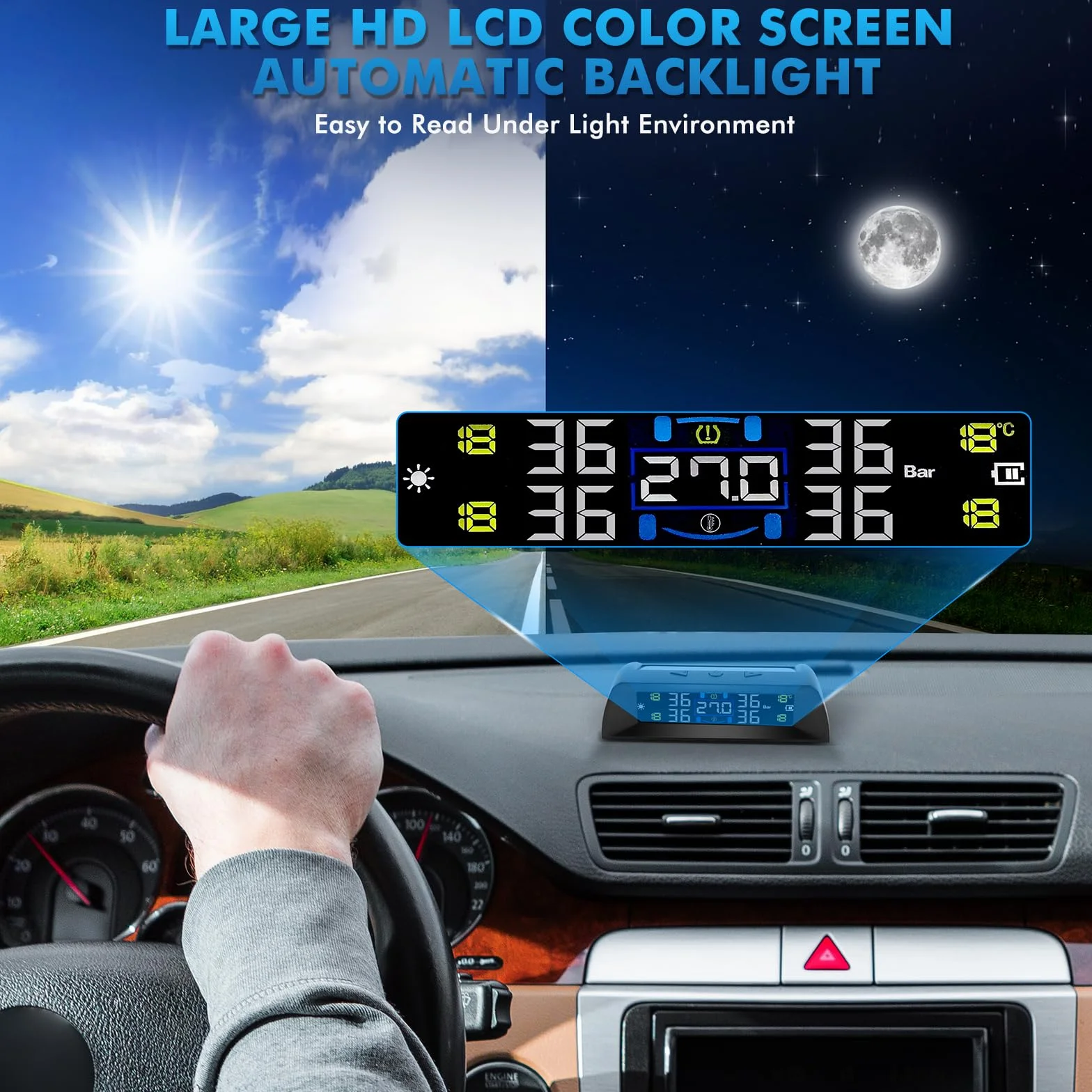 KAOLALI TPMS Sistema Monitoraggio Pressione Pneumatici con 4 Sensori 0-72 PSI Allarme Temperatura