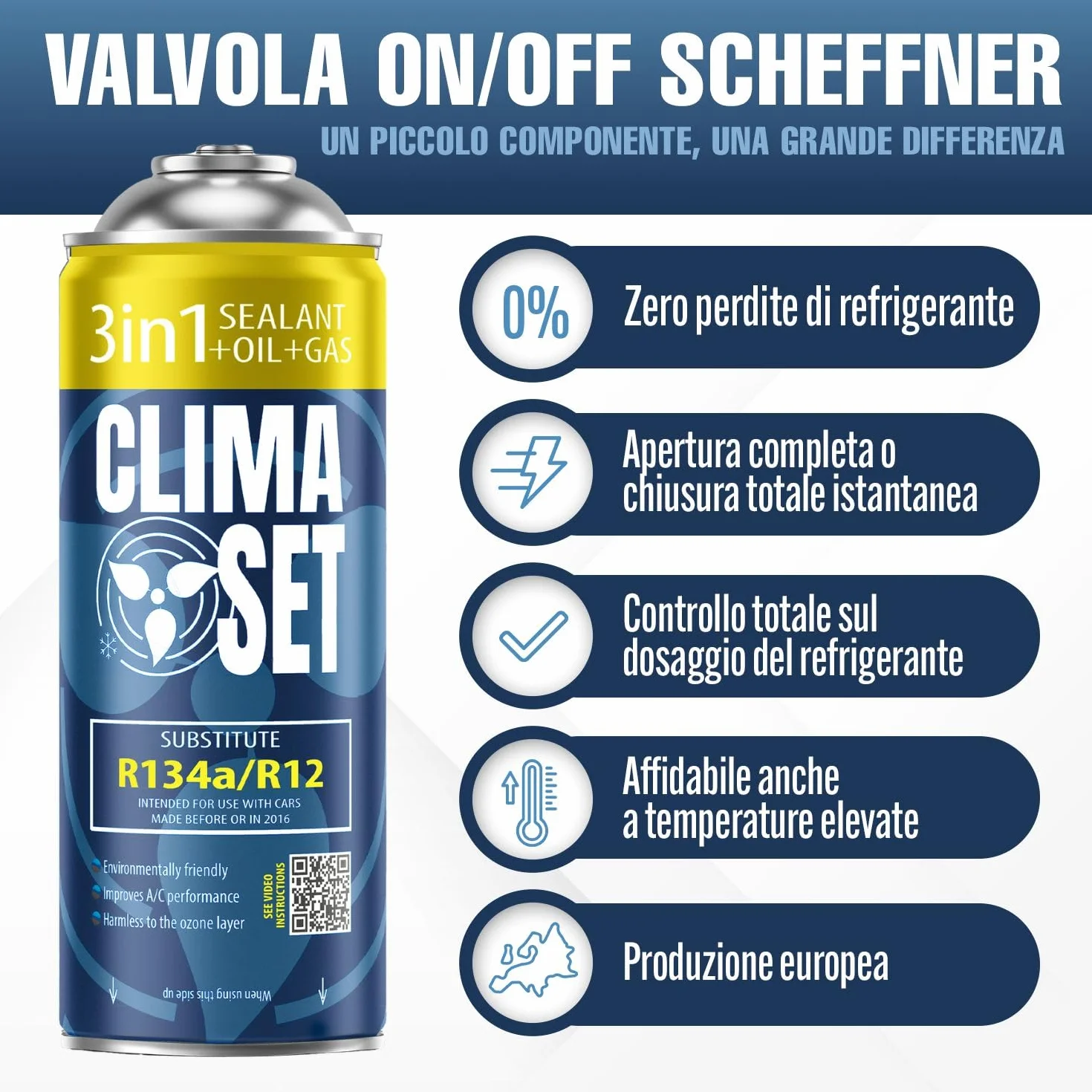 ClimaSet 3in1 Refrigerante di ricambio R134a 170 g - refrigerante R134a, R12 e Olio e Turafalle con tubo gas e manometri condizionatori - kit ricarica clima auto - ECO bombola